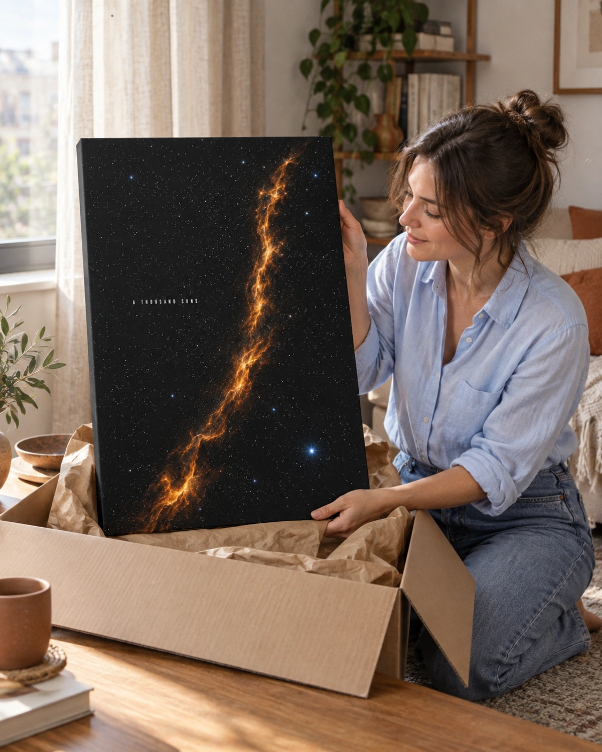 a thousand suns stretched canvas being unpacked at home