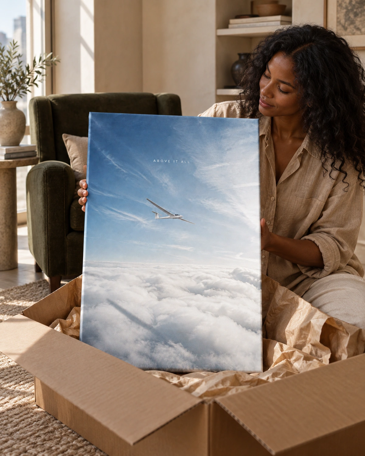 above it all stretched canvas being unpacked at home