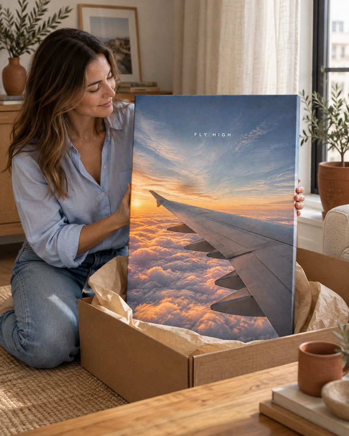 above the weather stretched canvas being unpacked at home