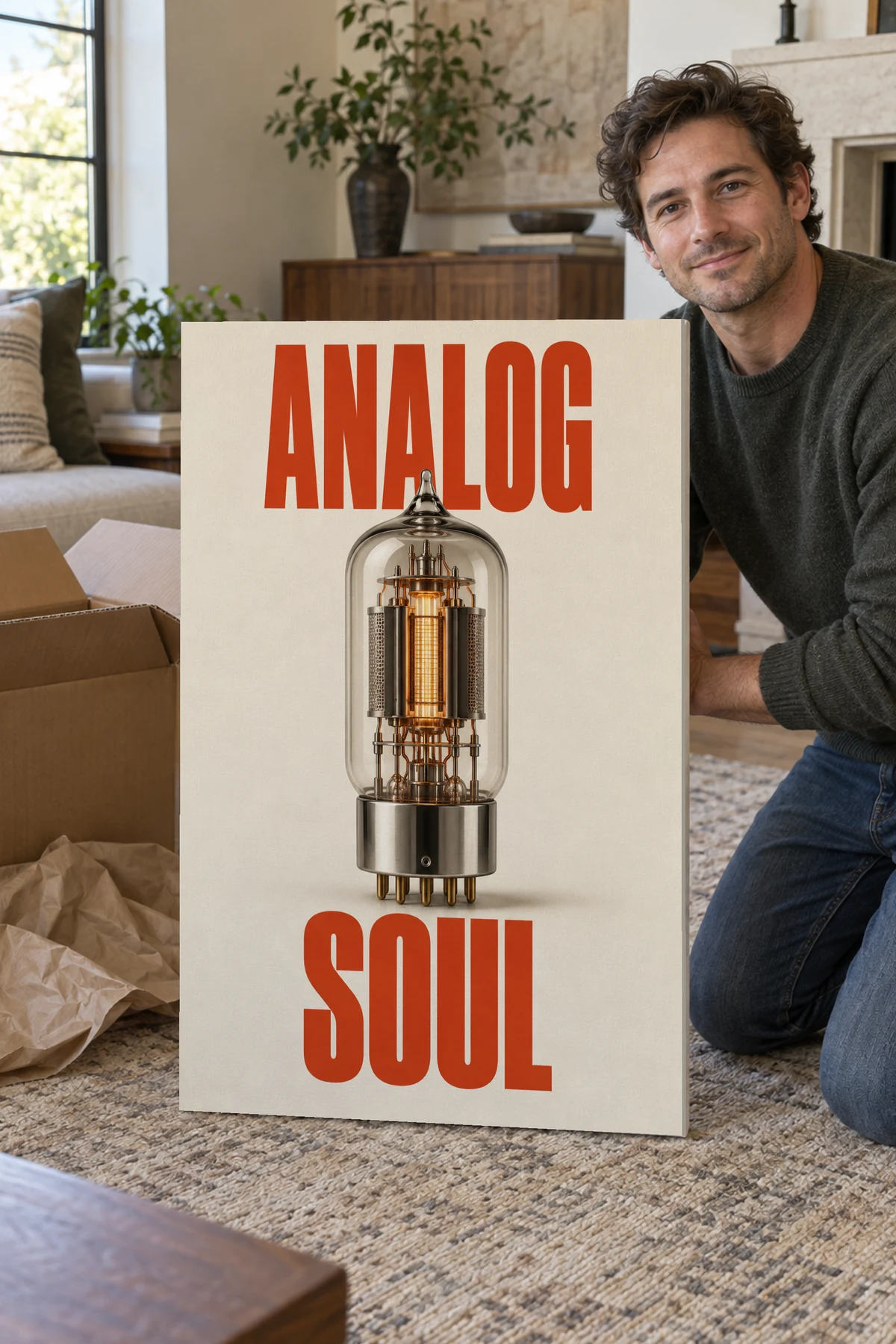 Analog Soul / Sound stretched canvas shown after unpacking in a naturally lit home