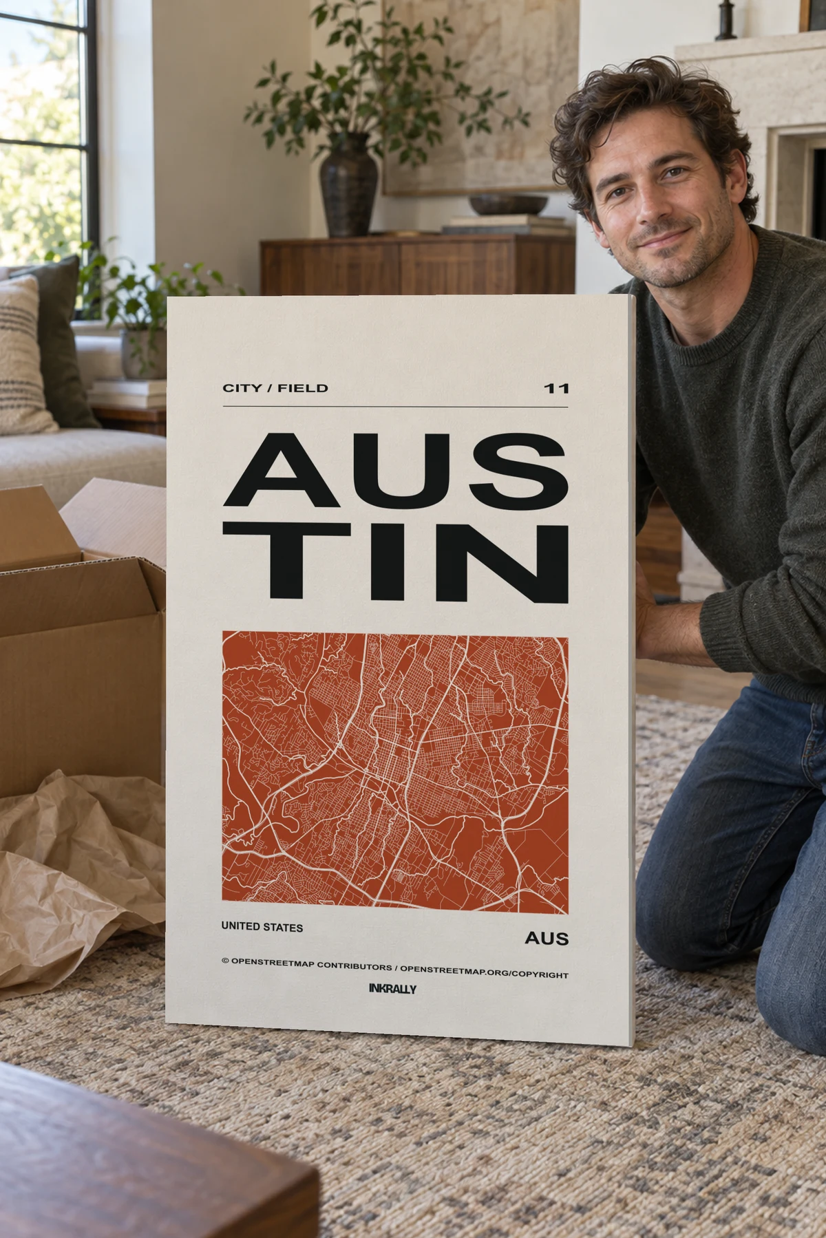 Austin / City Field stretched canvas shown after unpacking in a naturally lit home