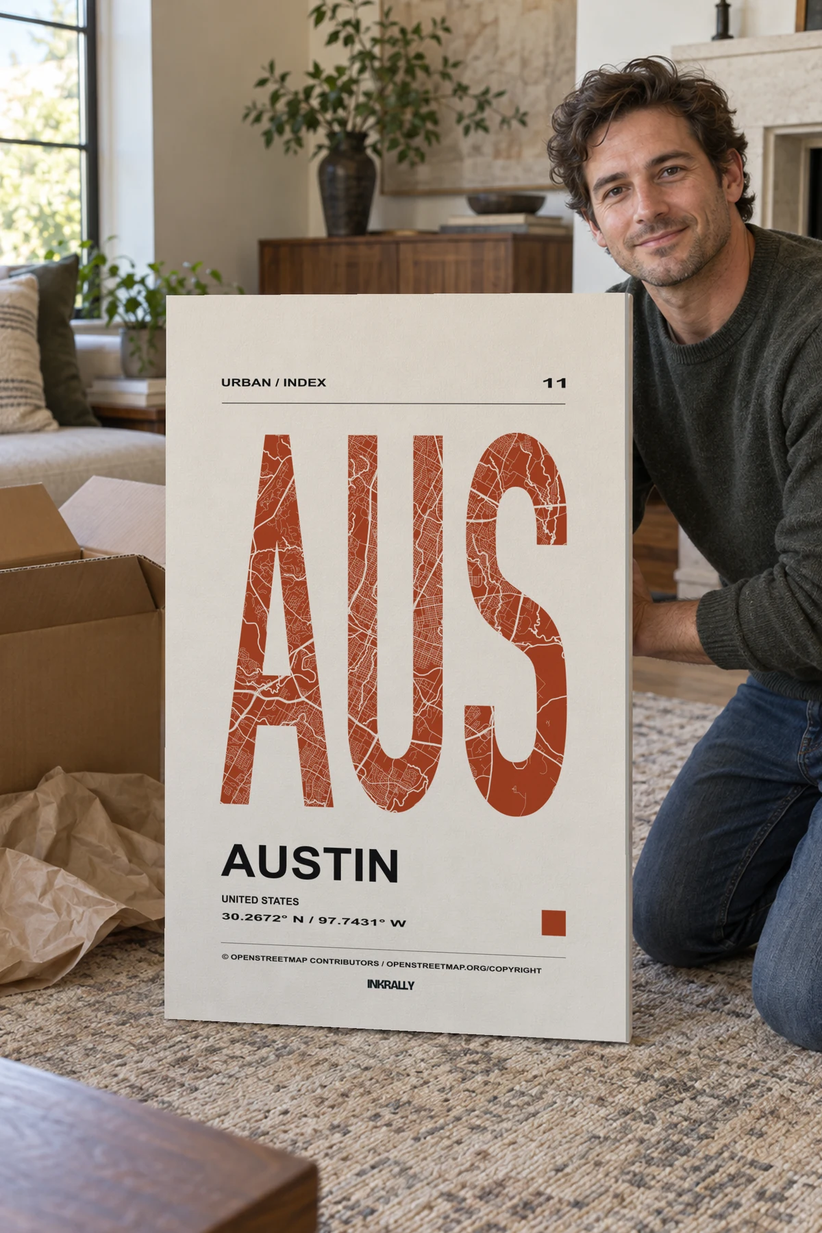 Austin / Urban Index stretched canvas shown after unpacking in a naturally lit home