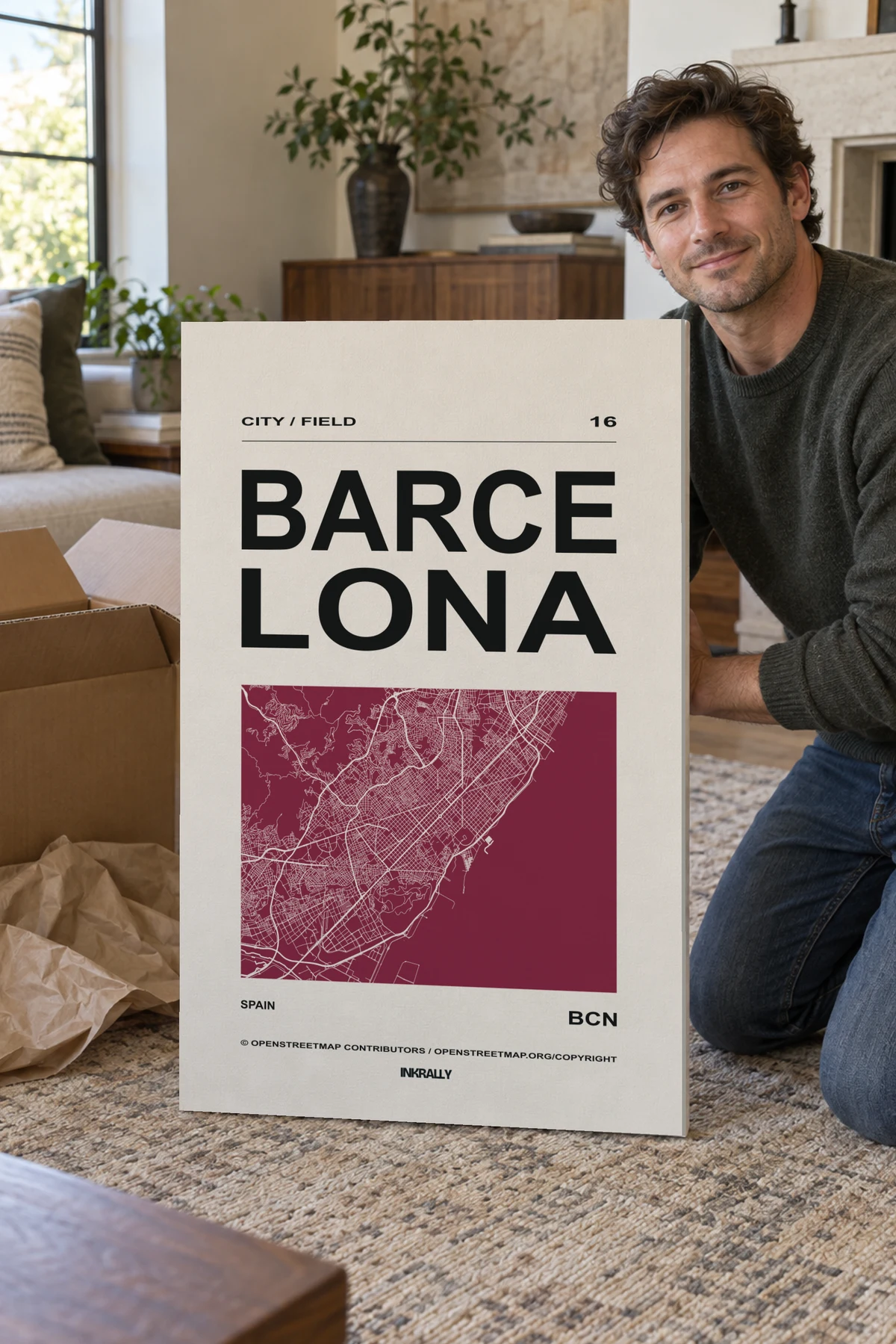 Barcelona / City Field stretched canvas shown after unpacking in a naturally lit home