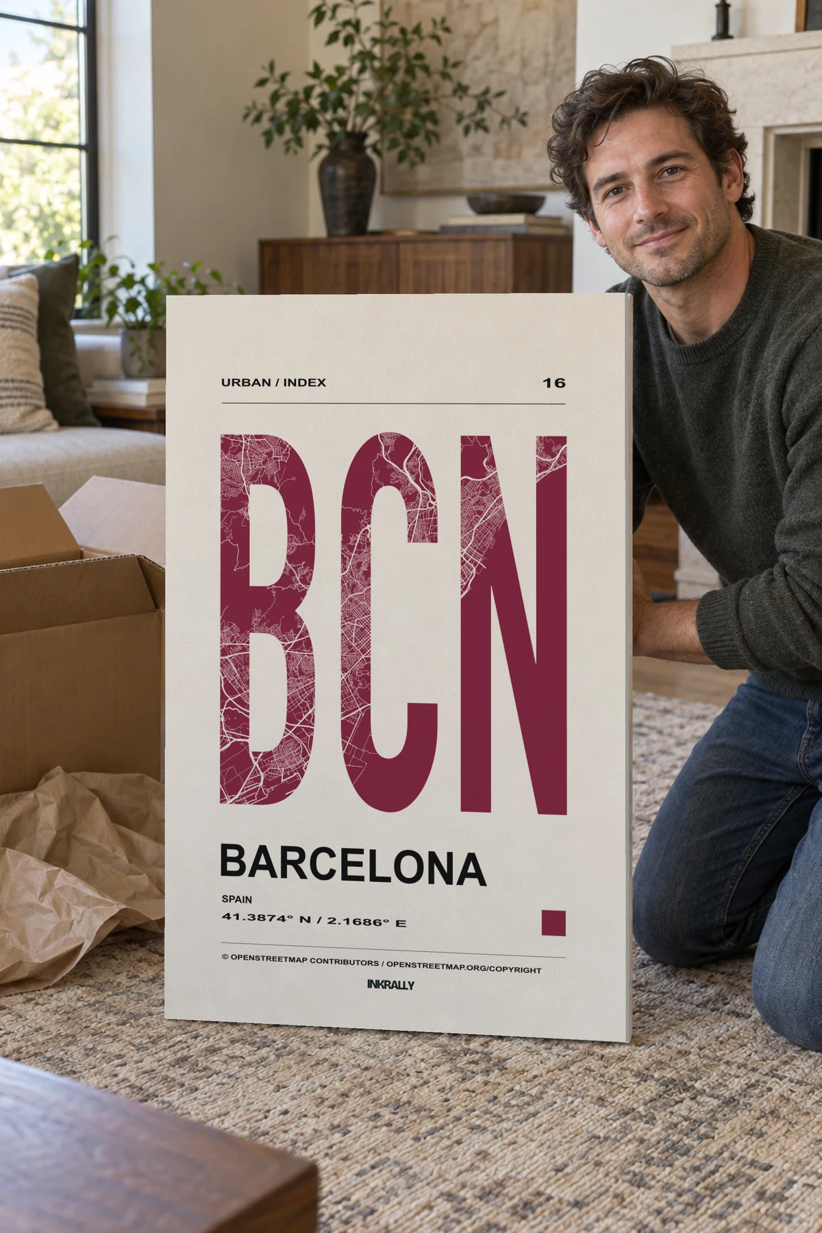 Barcelona / Urban Index stretched canvas shown after unpacking in a naturally lit home