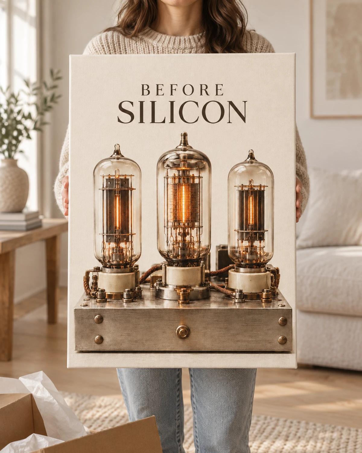 Before Silicon stretched canvas held after unpacking in a naturally lit home