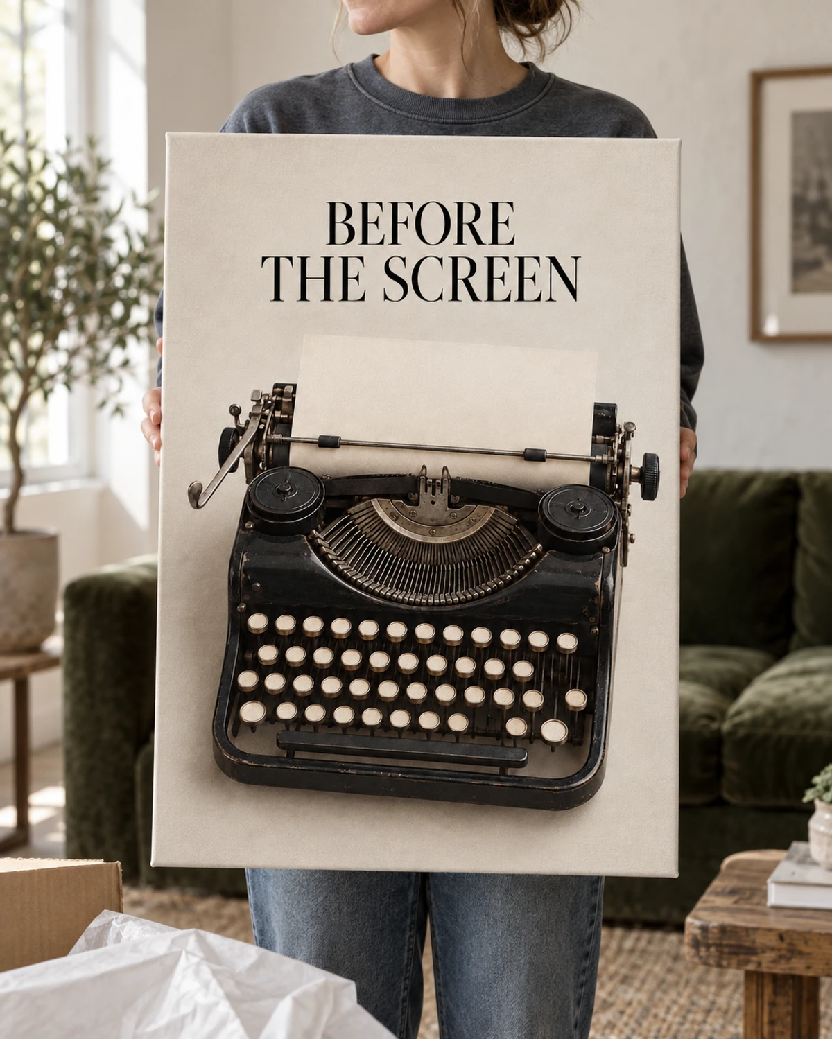 Before The Screen stretched canvas held after unpacking in a naturally lit home