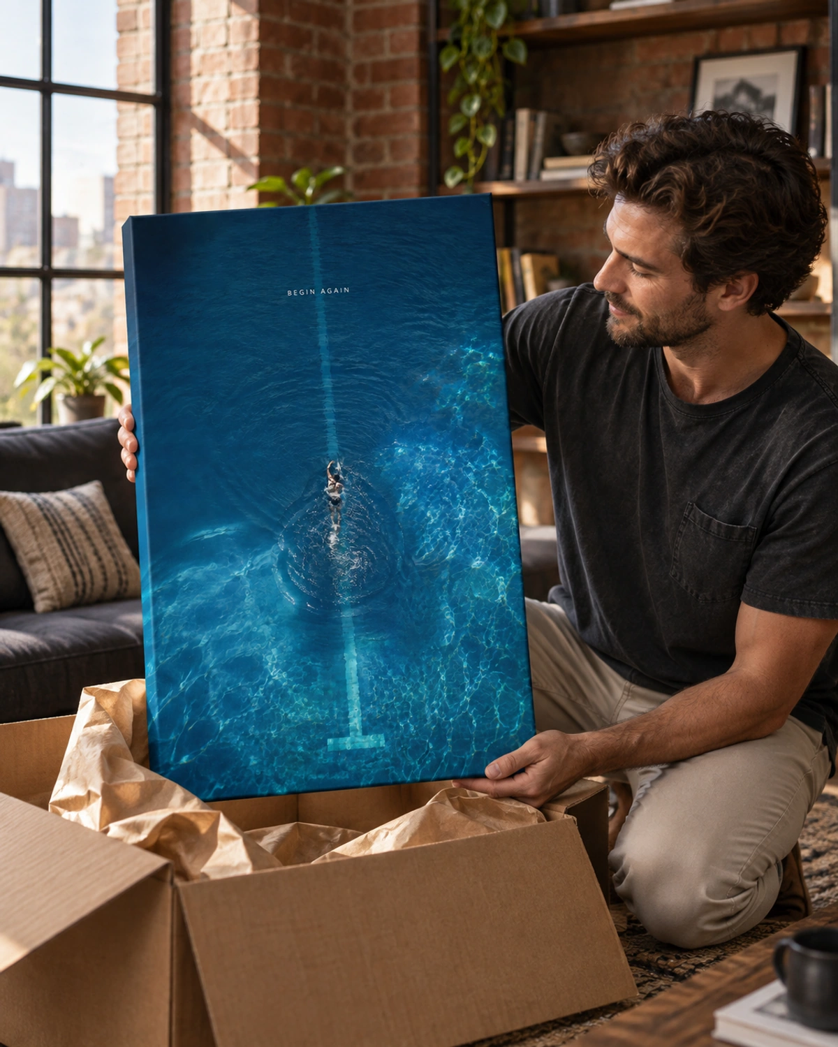 begin again stretched canvas being unpacked at home