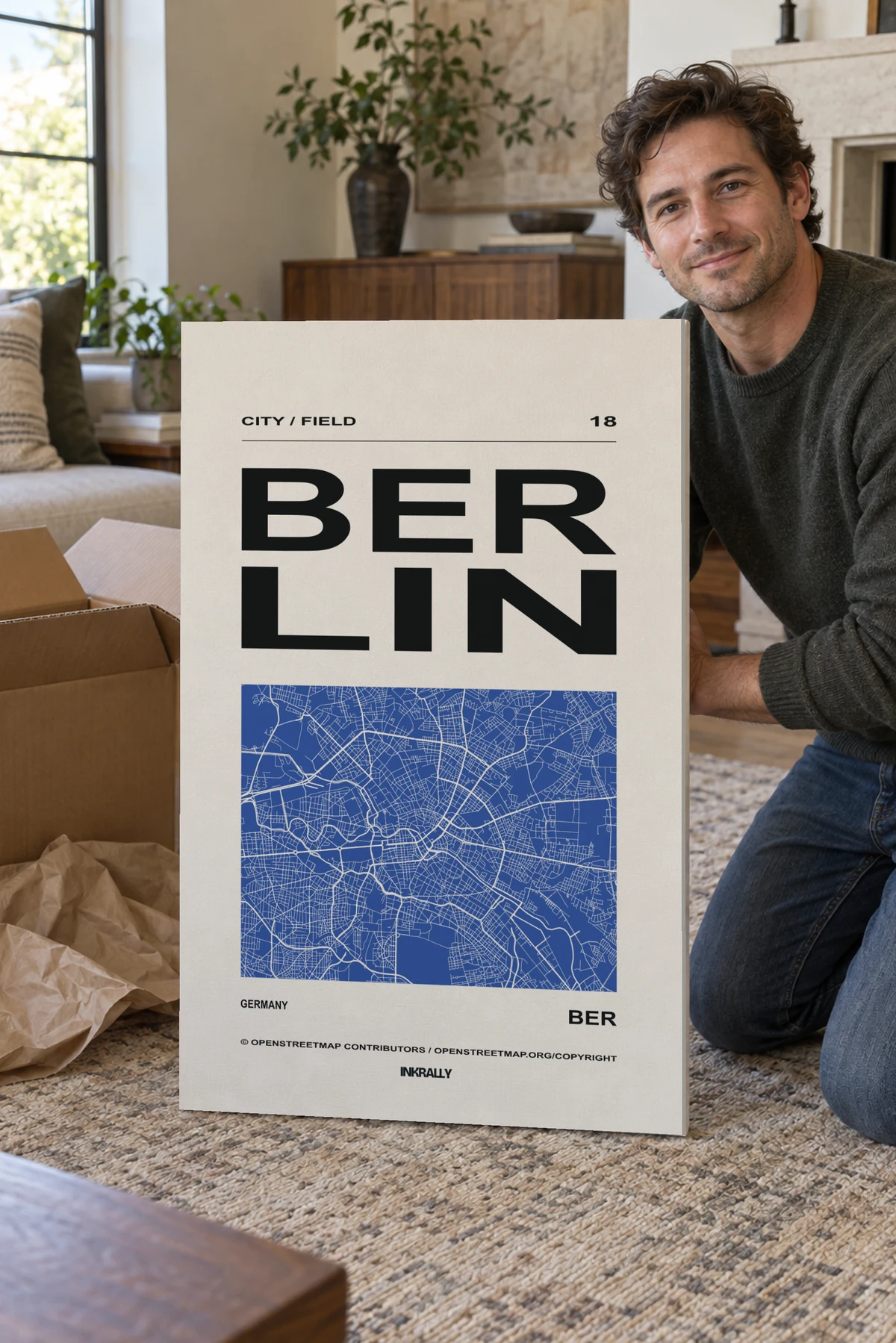 Berlin / City Field stretched canvas shown after unpacking in a naturally lit home