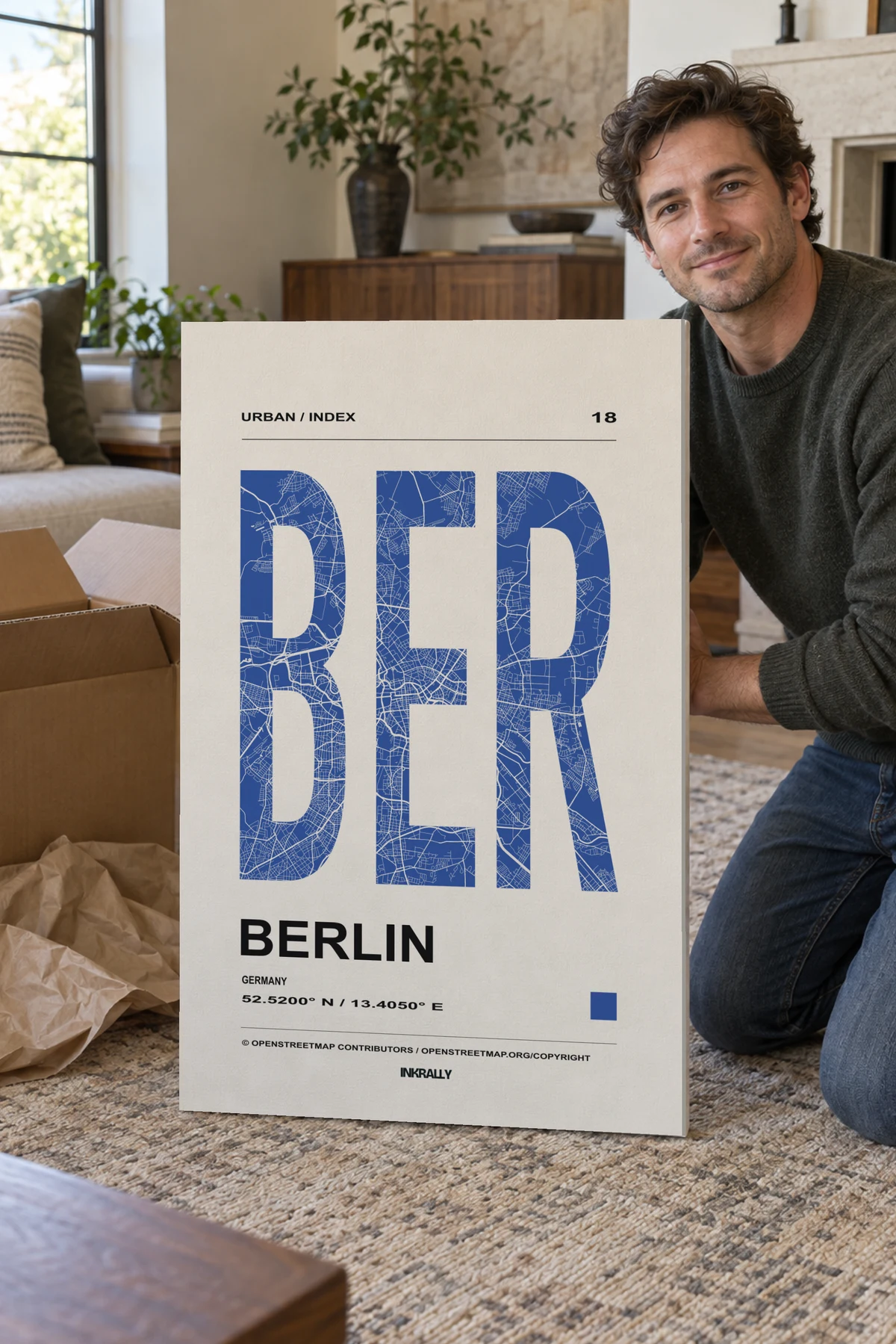 Berlin / Urban Index stretched canvas shown after unpacking in a naturally lit home