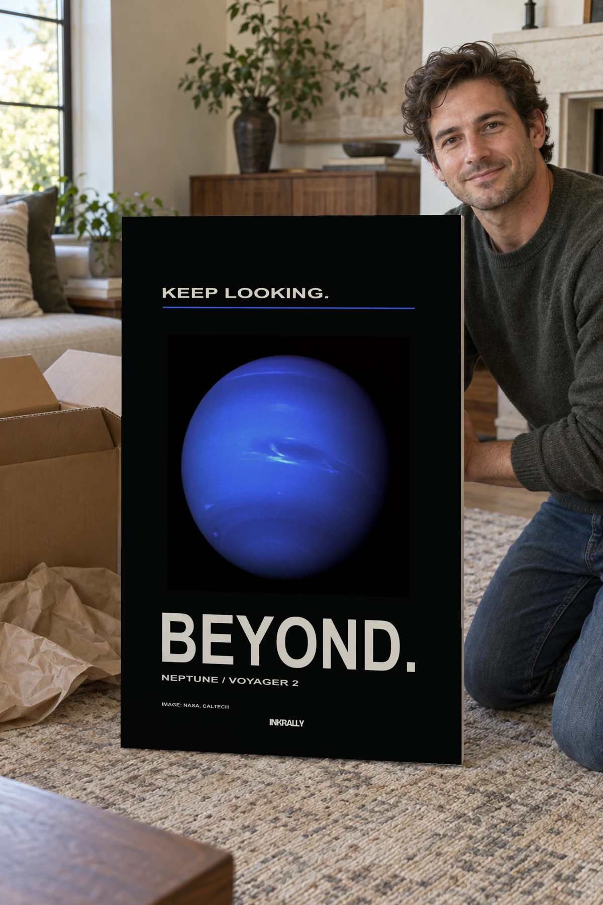 Beyond stretched canvas shown after unpacking in a naturally lit home