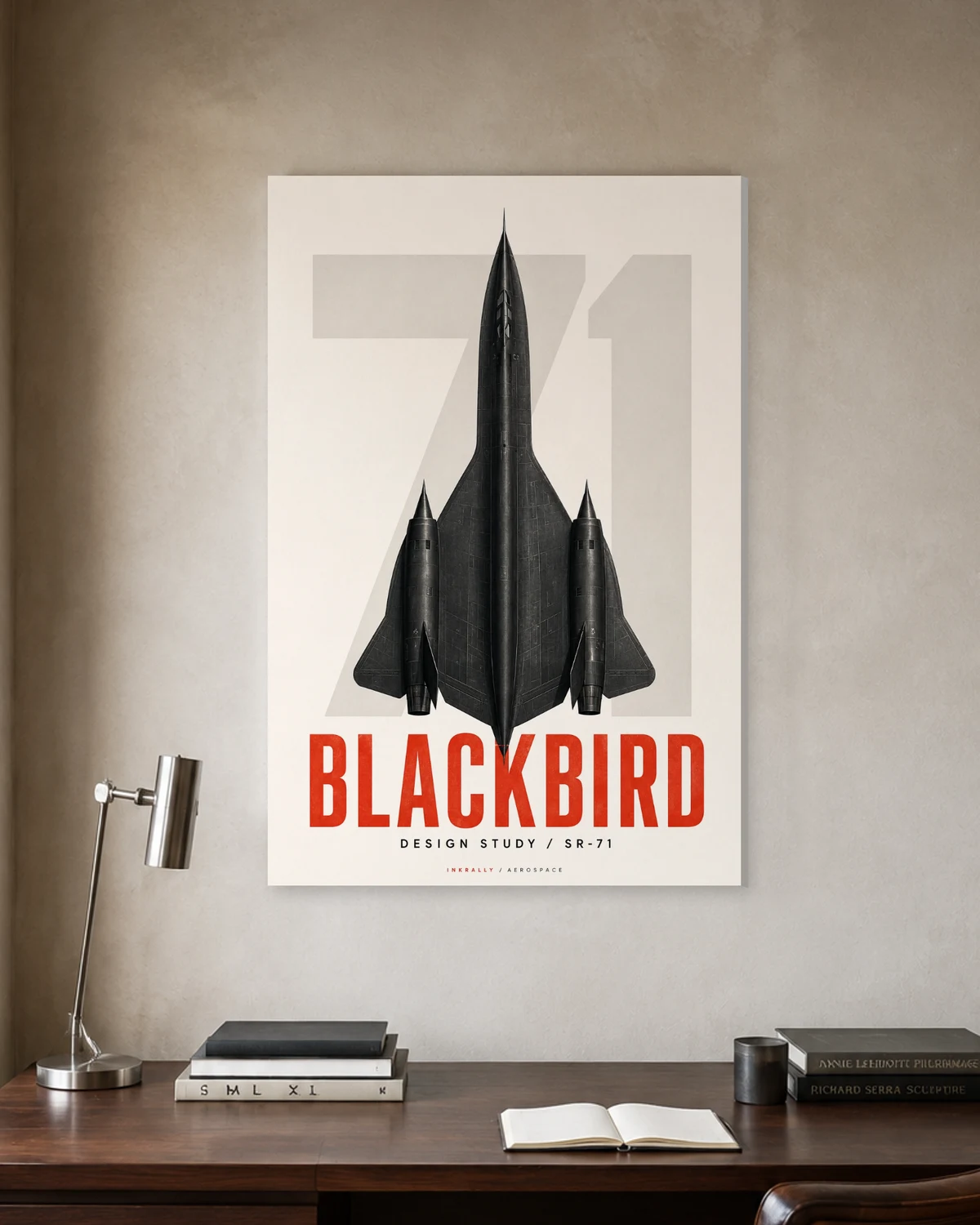 Blackbird Study stretched canvas in a considered home office