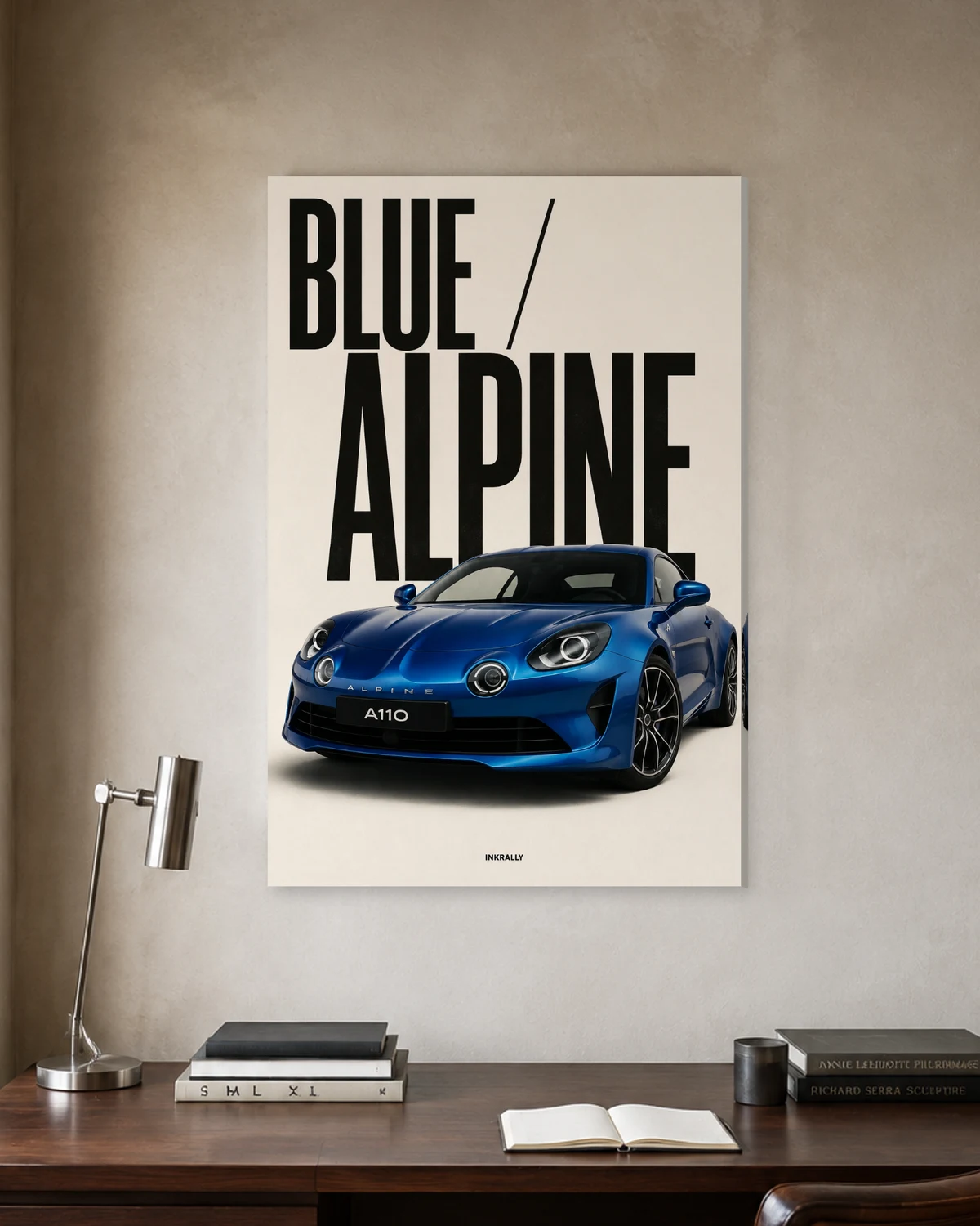 Blue Alpine stretched canvas in a considered home office