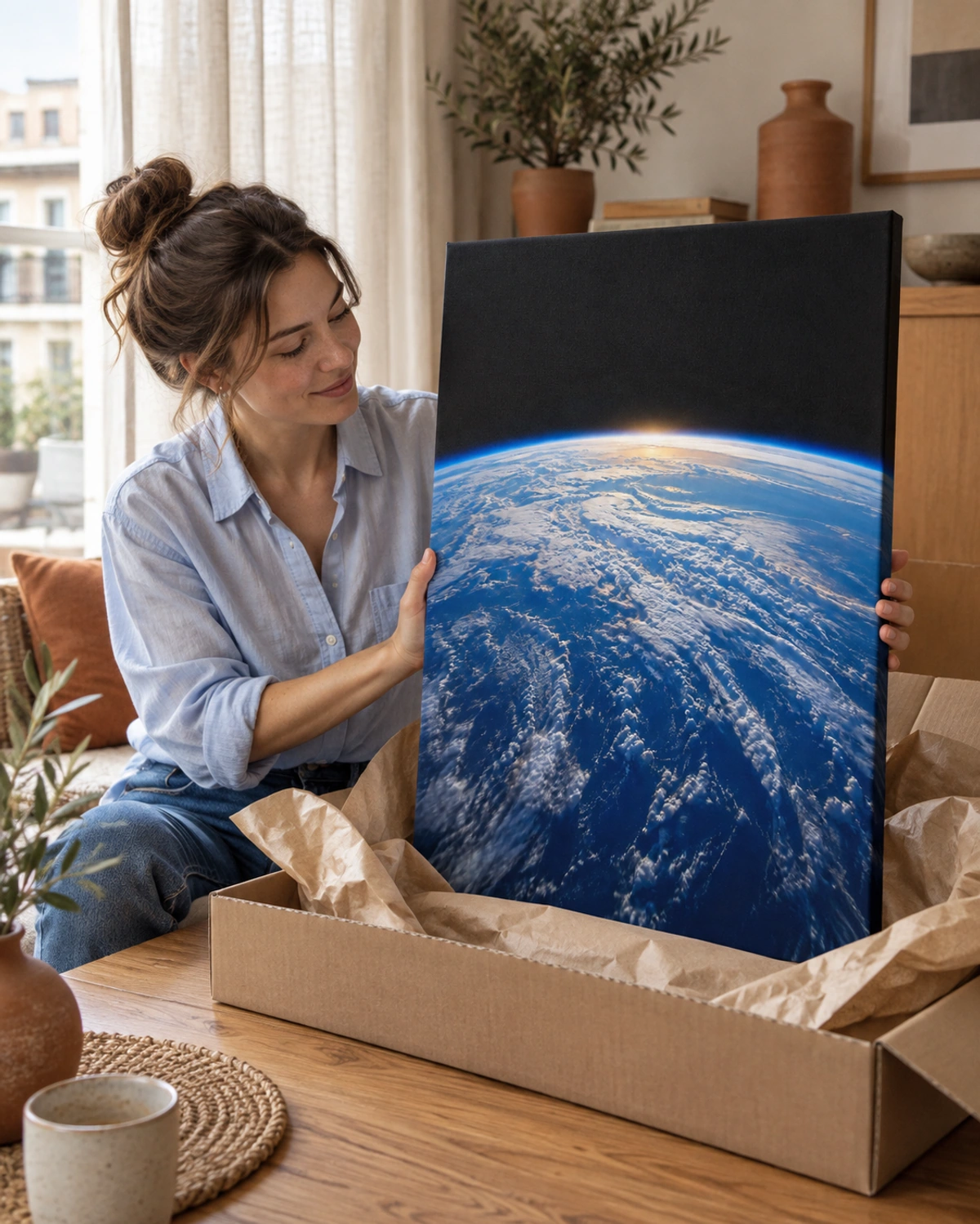 blue distance stretched canvas being unpacked at home