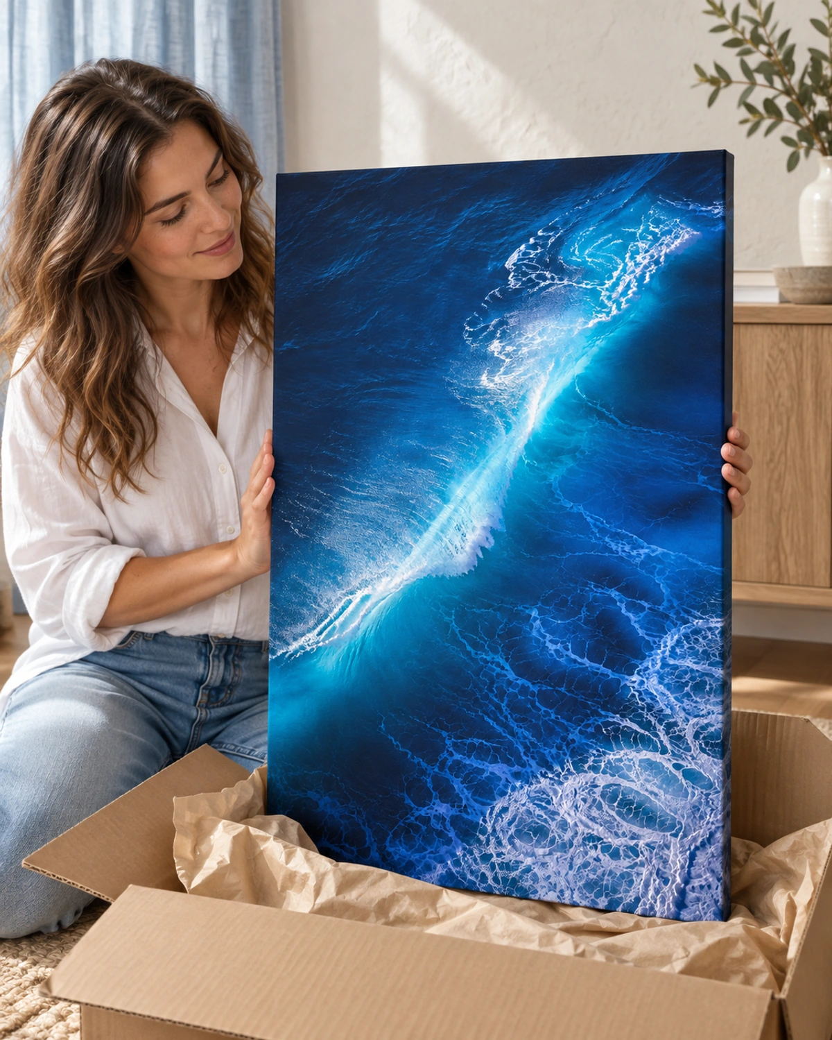 blue hours stretched canvas being unpacked at home