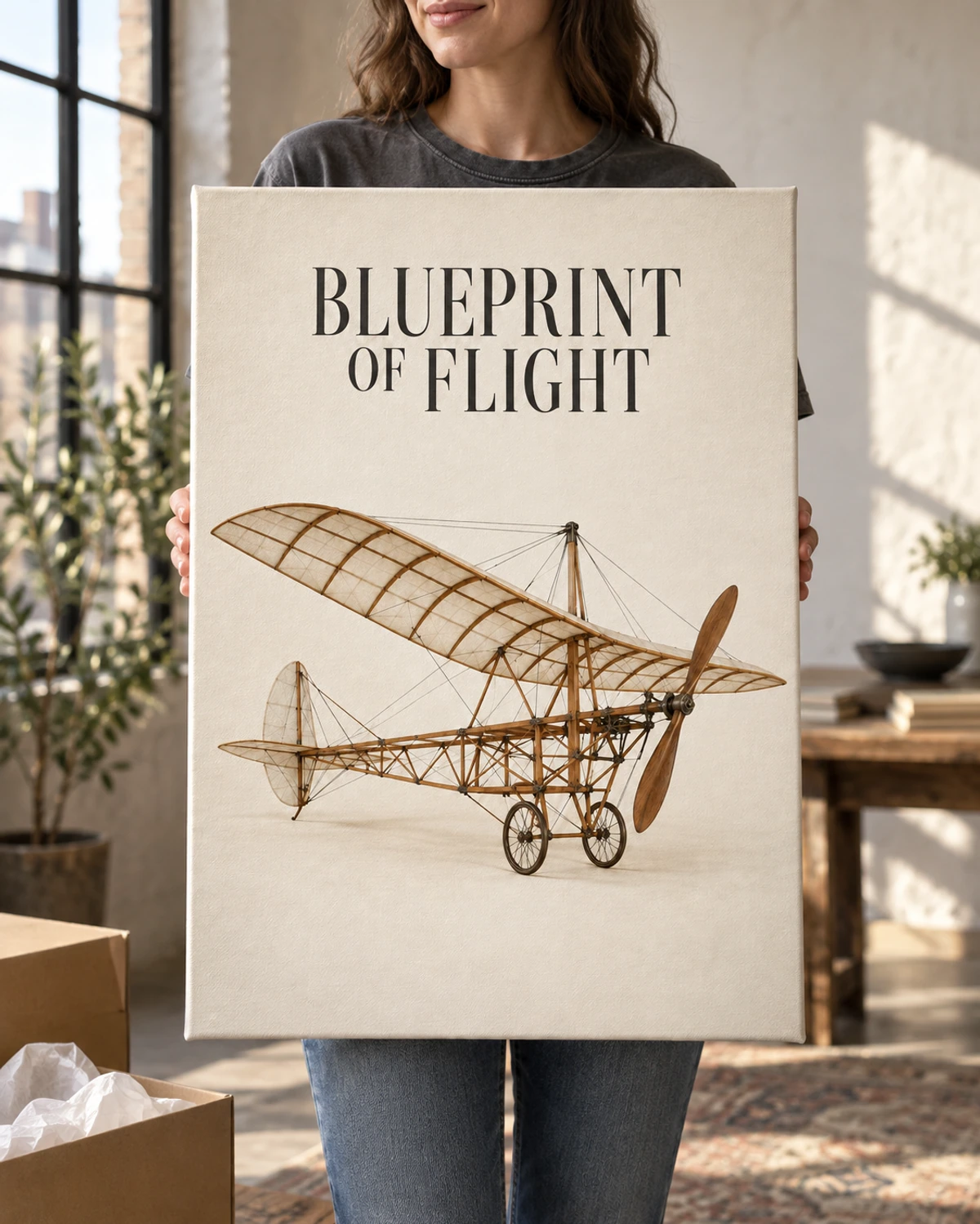 Blueprint Of Flight stretched canvas held after unpacking in a naturally lit home