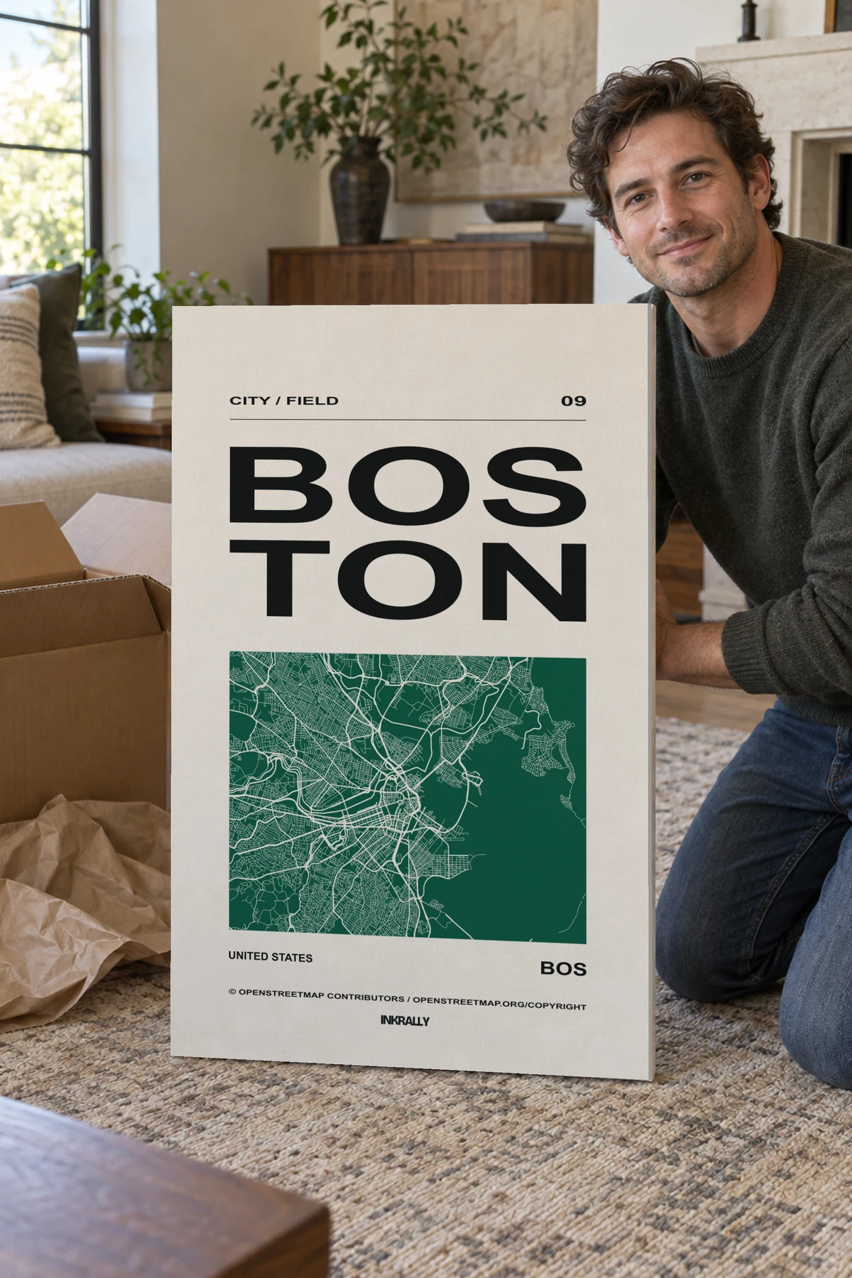 Boston / City Field stretched canvas shown after unpacking in a naturally lit home