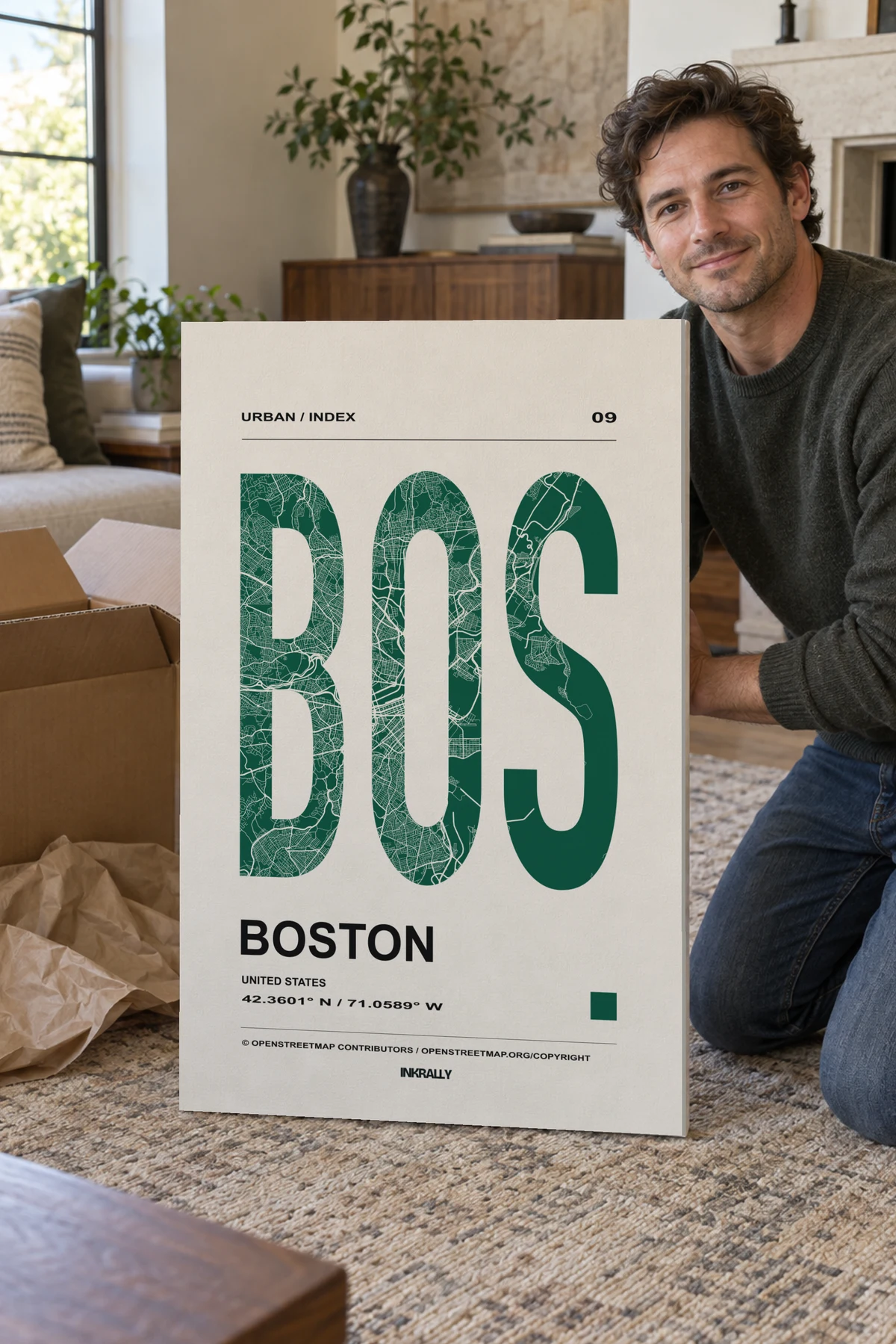 Boston / Urban Index stretched canvas shown after unpacking in a naturally lit home