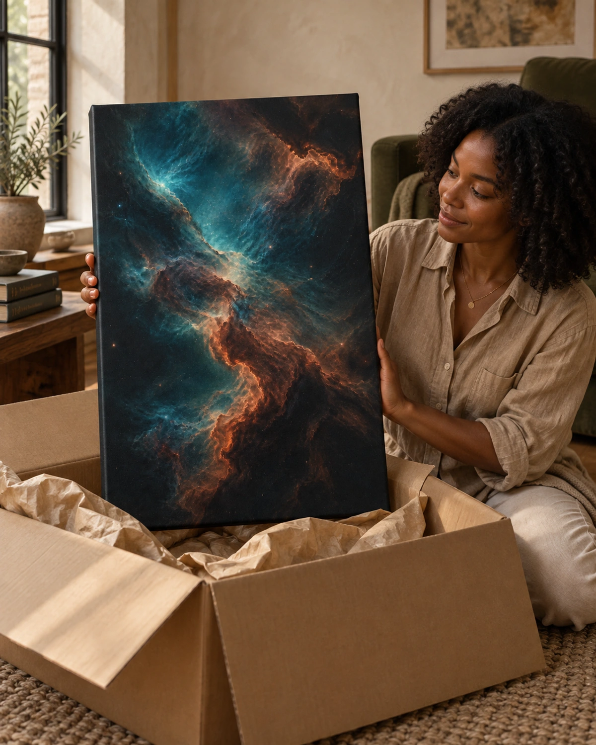 celestial drift stretched canvas being unpacked at home