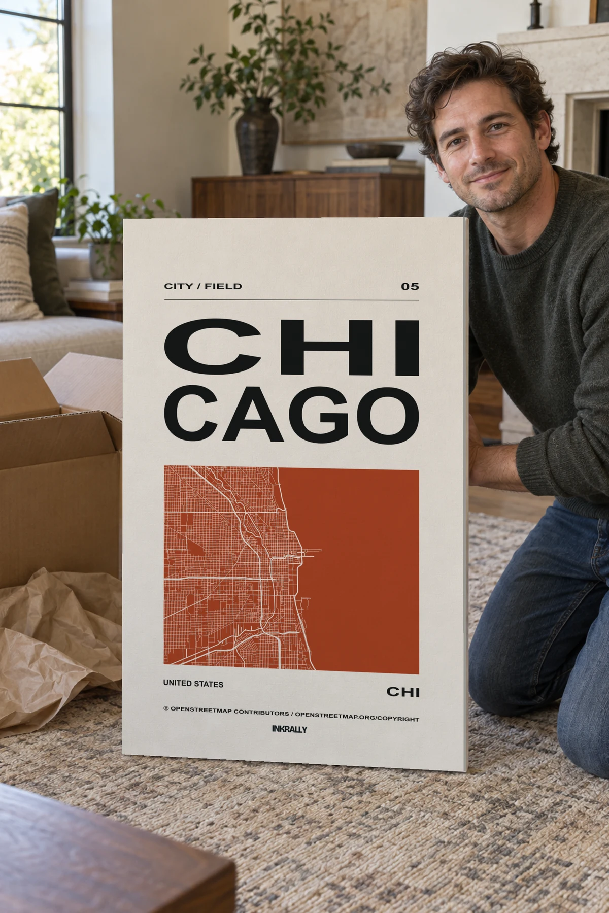 Chicago / City Field stretched canvas shown after unpacking in a naturally lit home