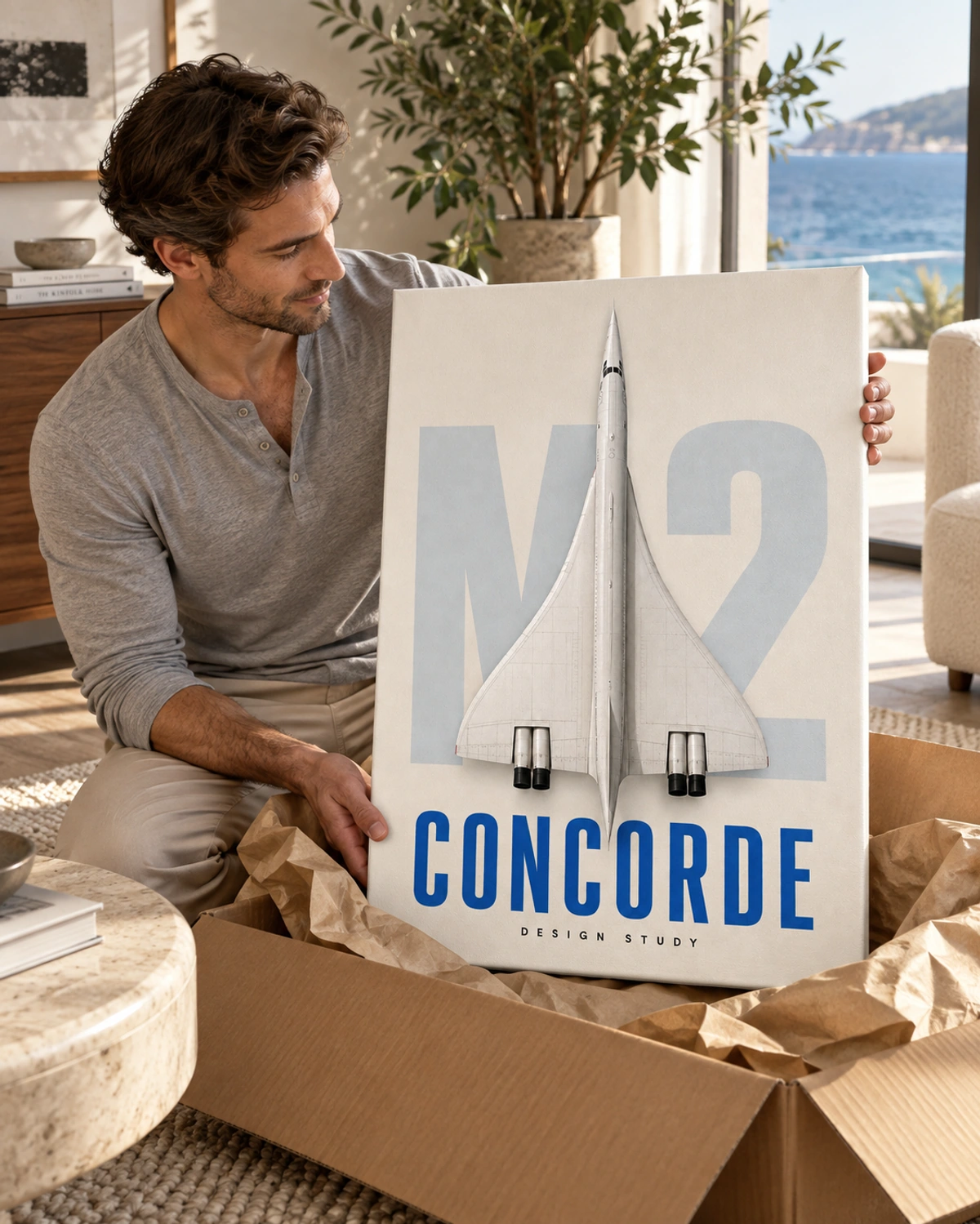 concorde study stretched canvas being unpacked at home