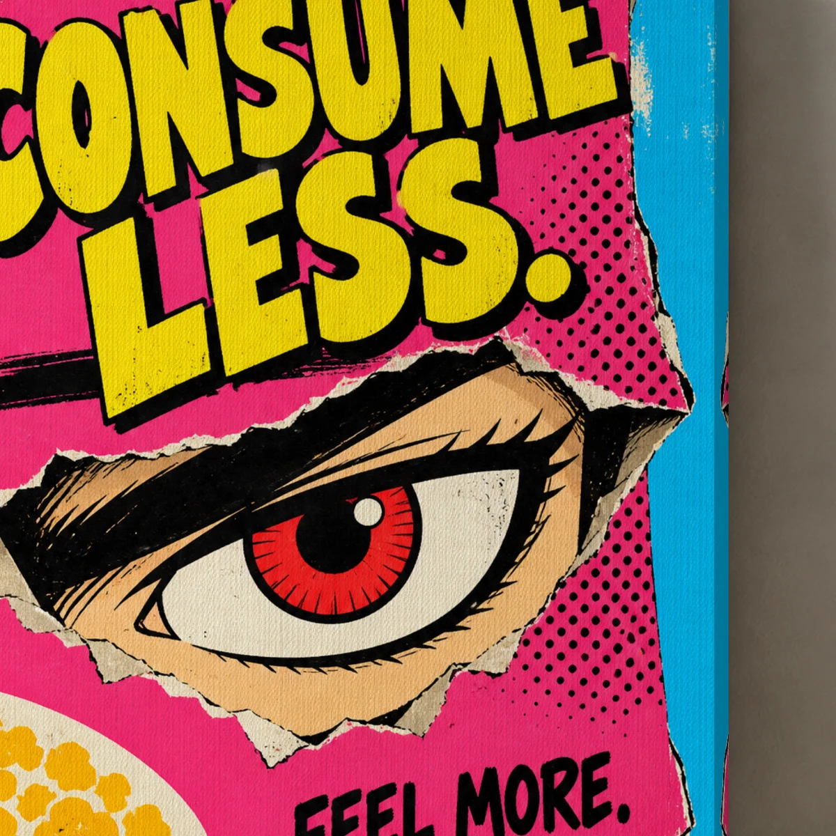 Consume Less canvas surface and wrapped edge in a studio detail photograph