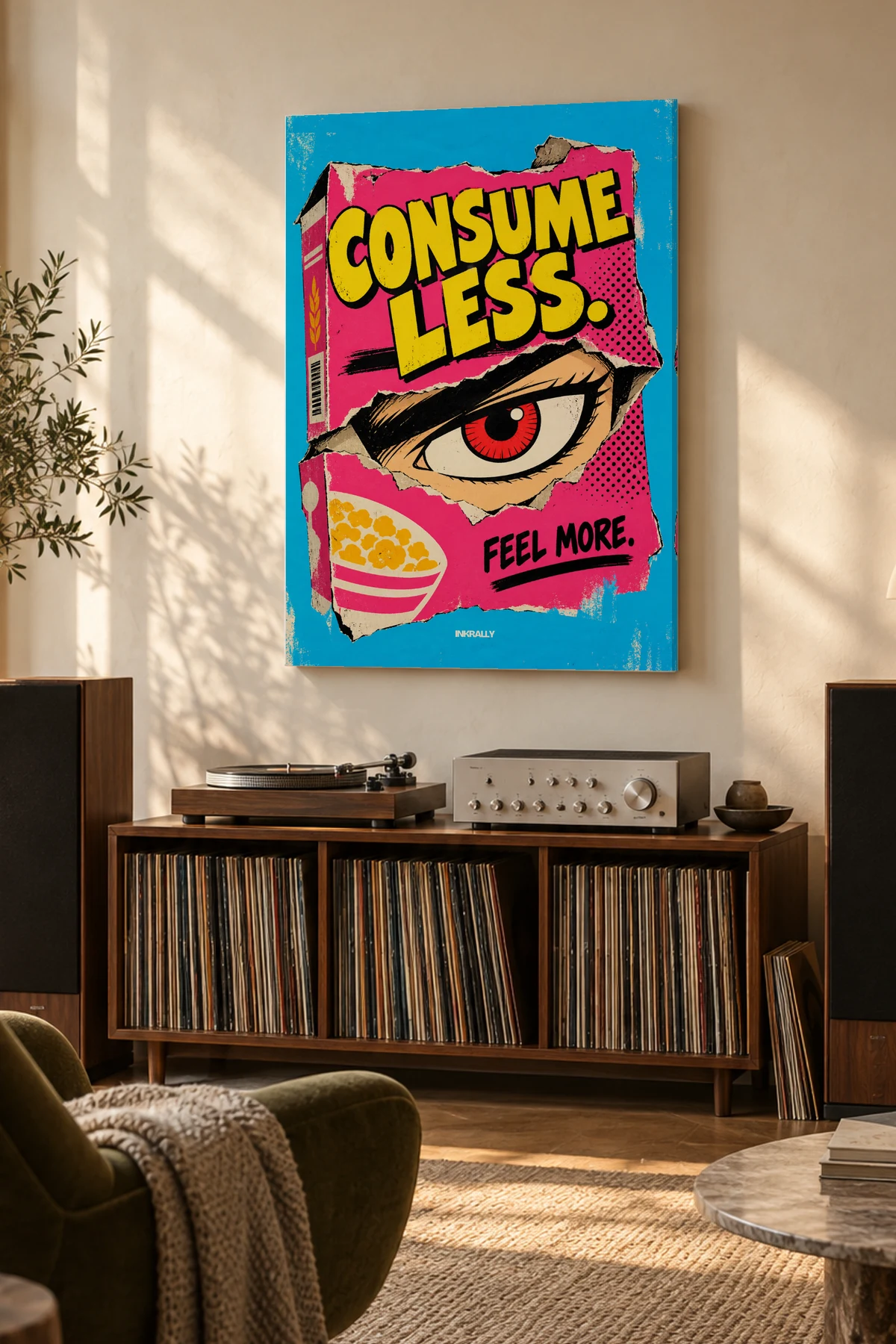 Consume Less — A considered listening room with warm natural light