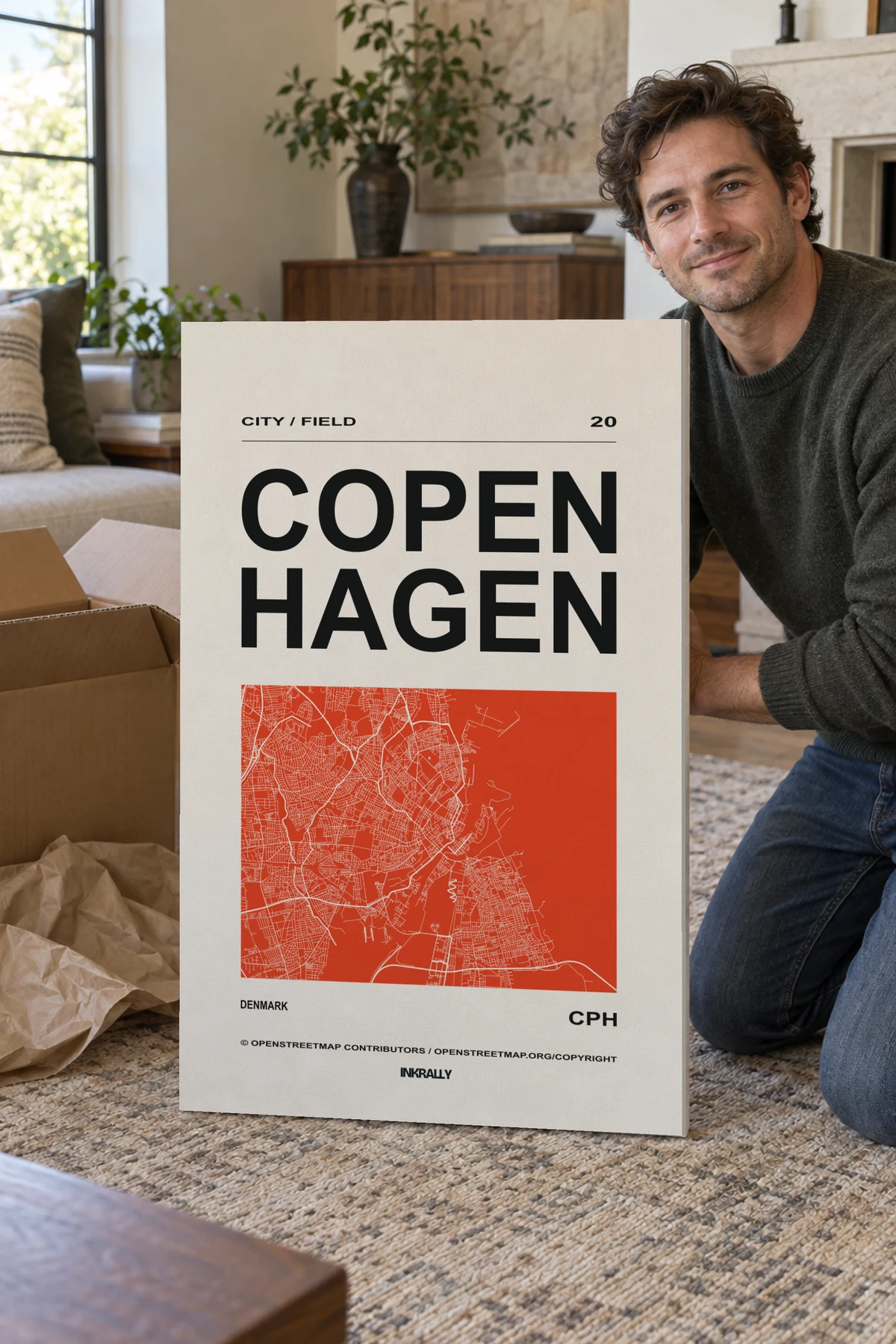 Copenhagen / City Field stretched canvas shown after unpacking in a naturally lit home