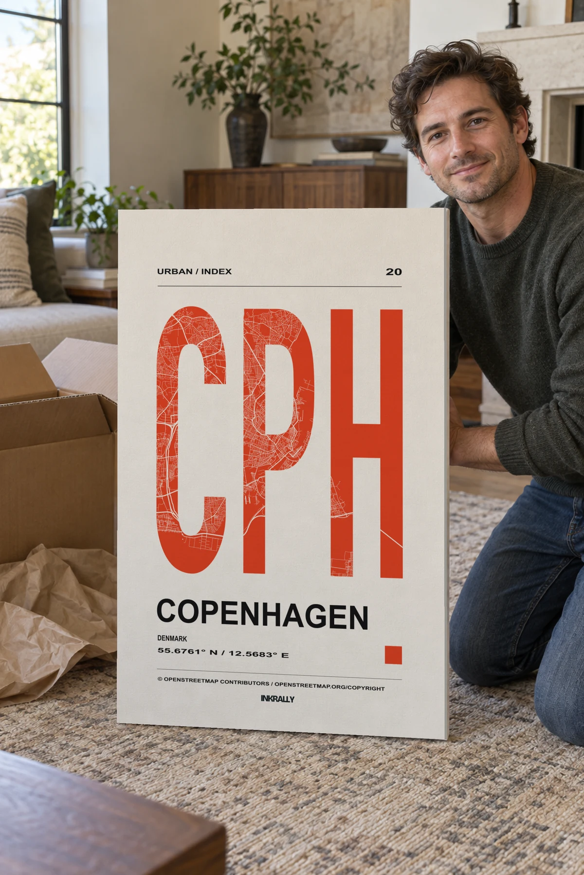 Copenhagen / Urban Index stretched canvas shown after unpacking in a naturally lit home