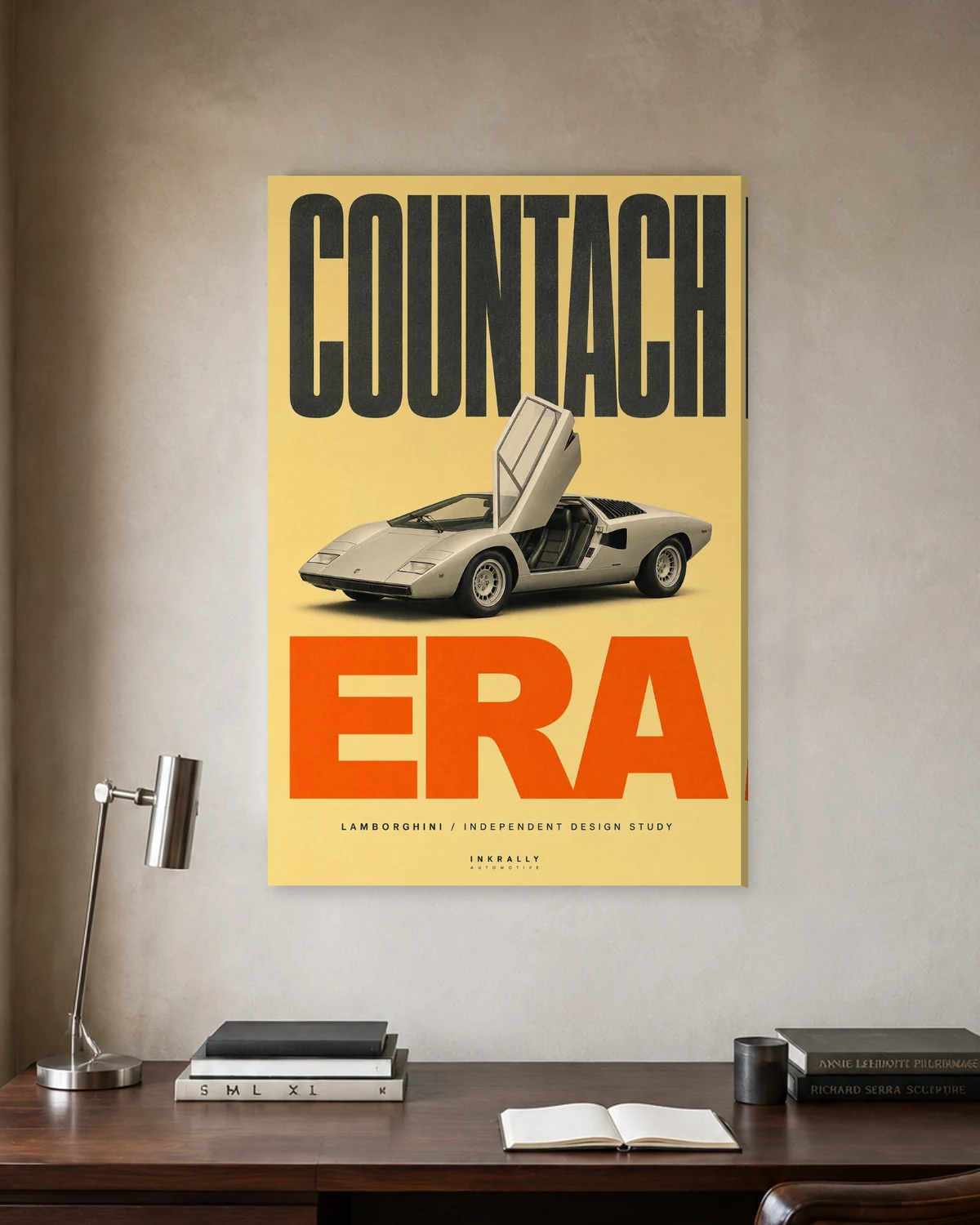 Countach Era stretched canvas in a considered home office