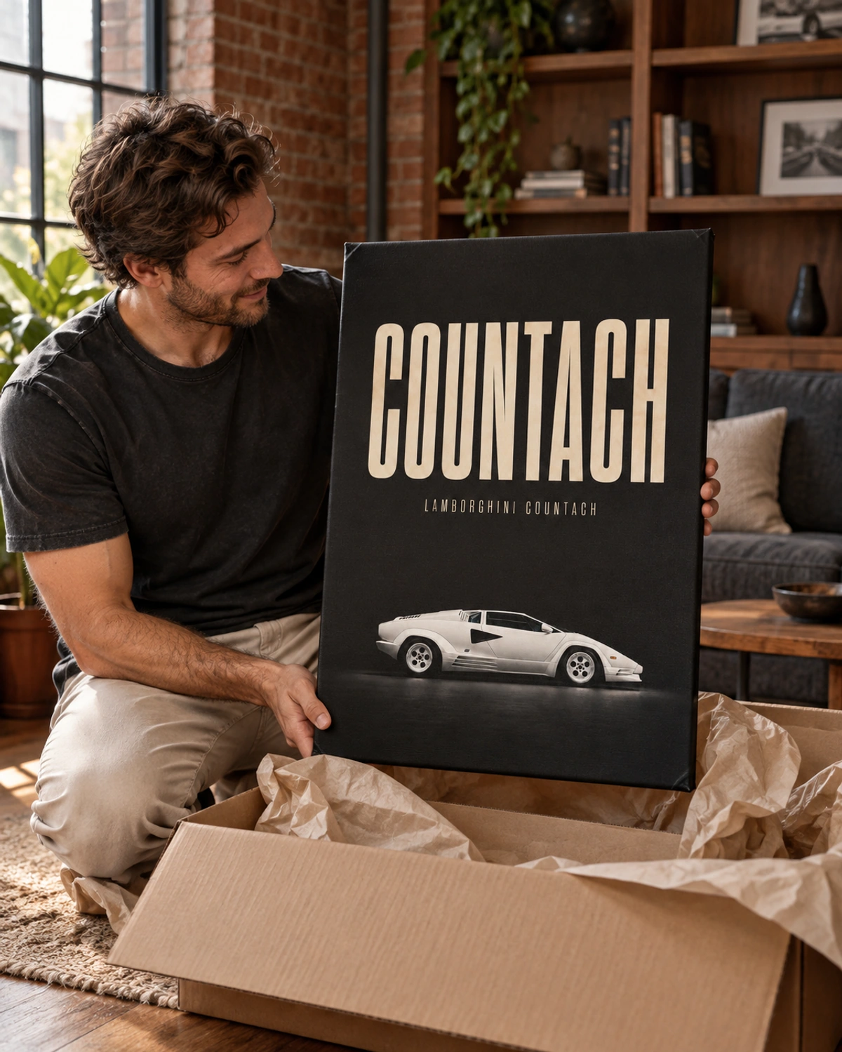 countach line stretched canvas being unpacked at home