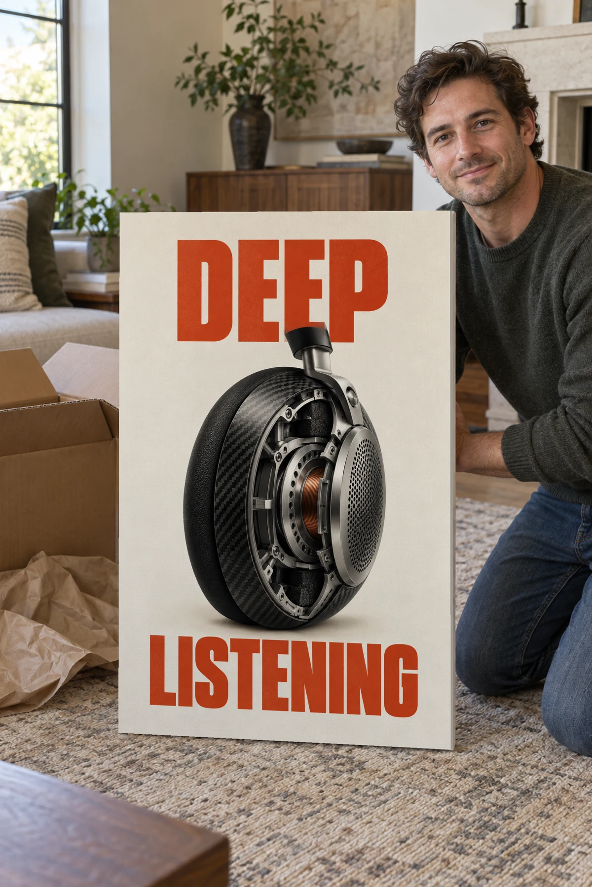 Deep Listening stretched canvas shown after unpacking in a naturally lit home