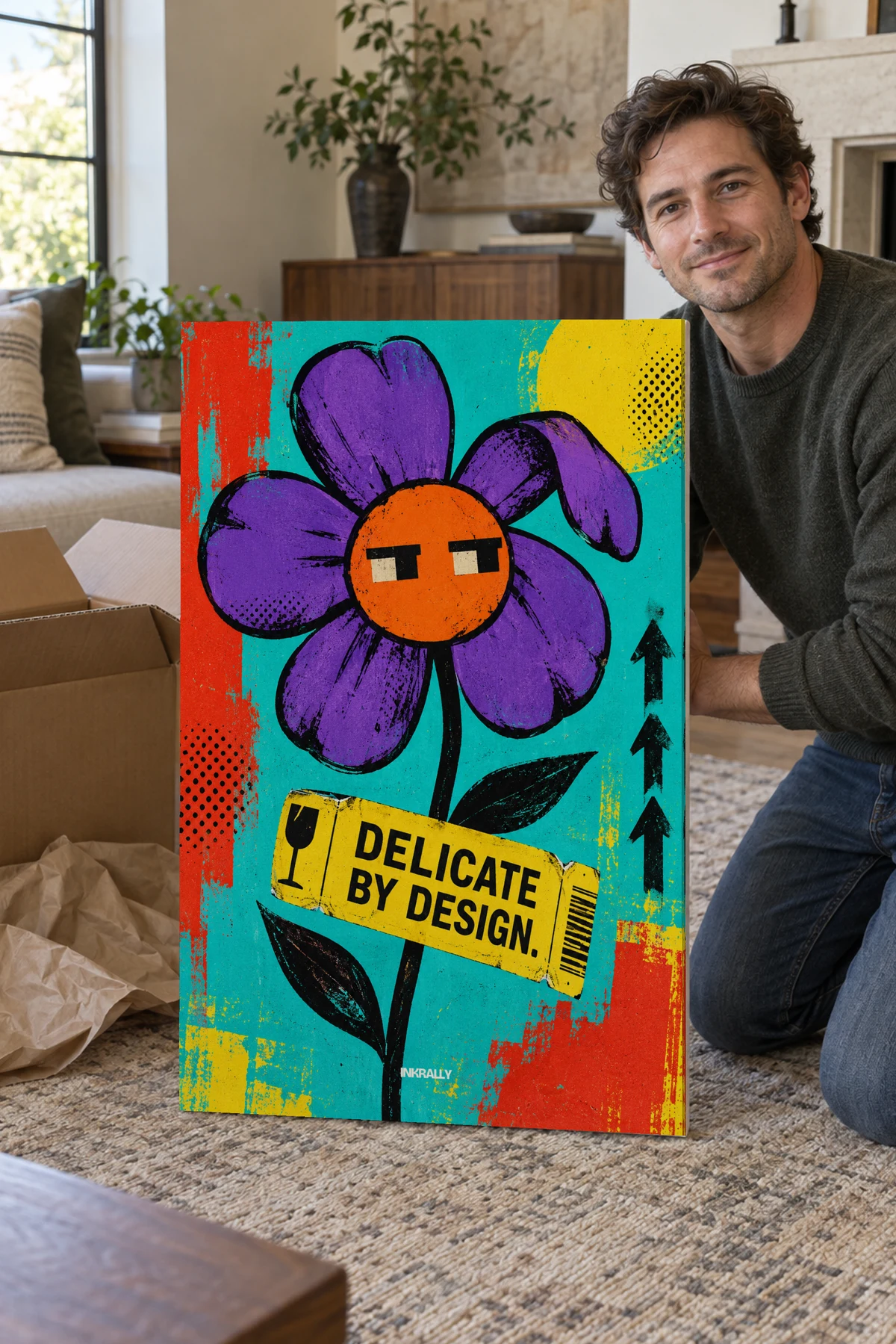 Delicate By Design stretched canvas shown after unpacking in a naturally lit home