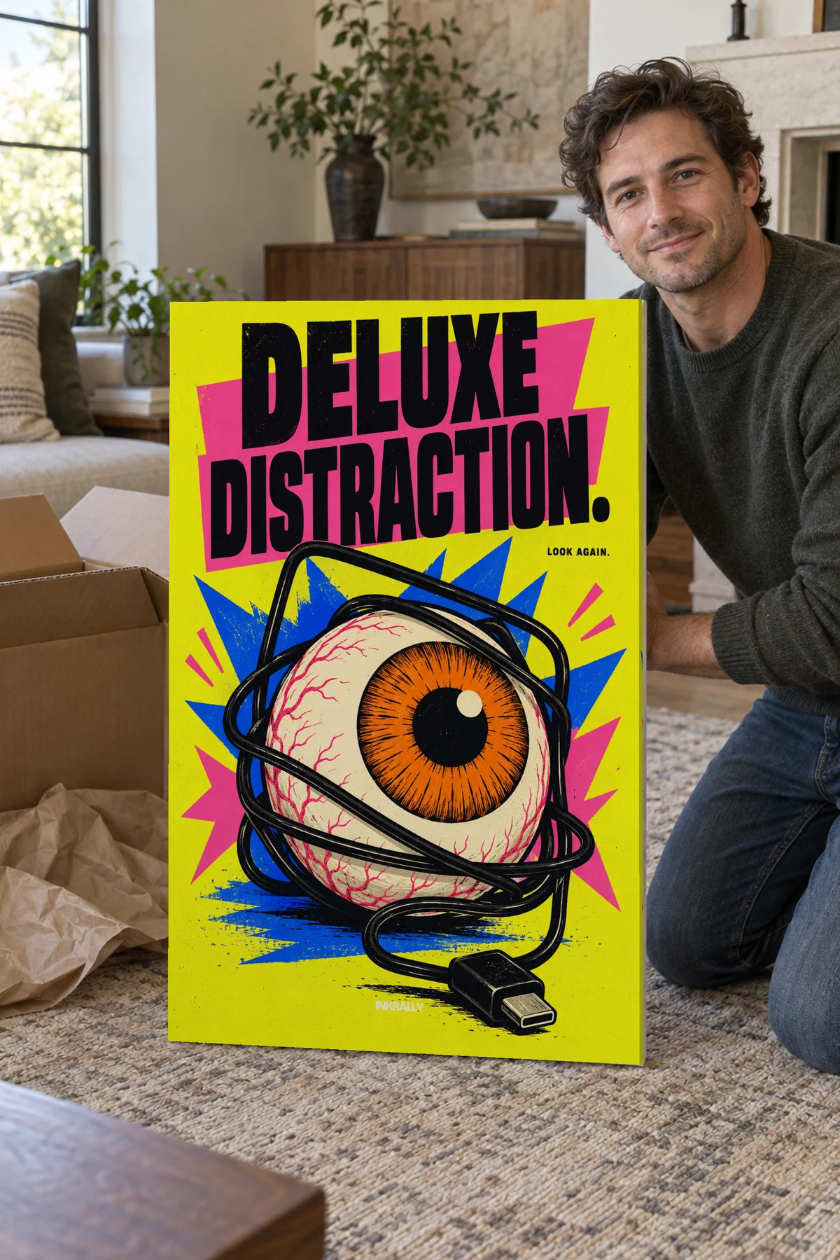 Deluxe Distraction stretched canvas shown after unpacking in a naturally lit home