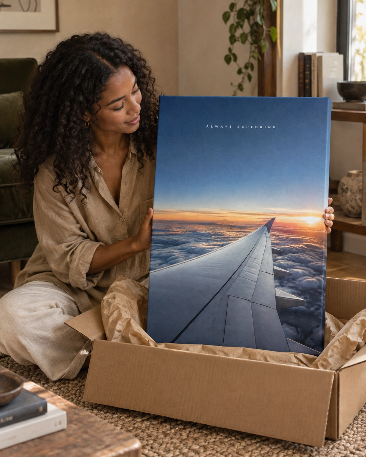 departure window stretched canvas being unpacked at home