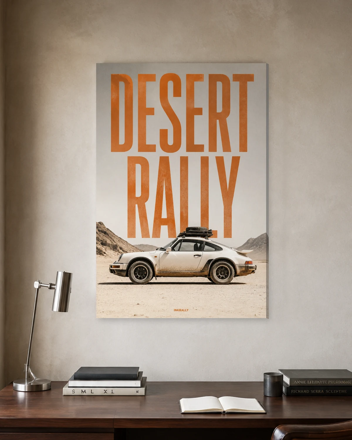 Desert Rally stretched canvas in a considered home office