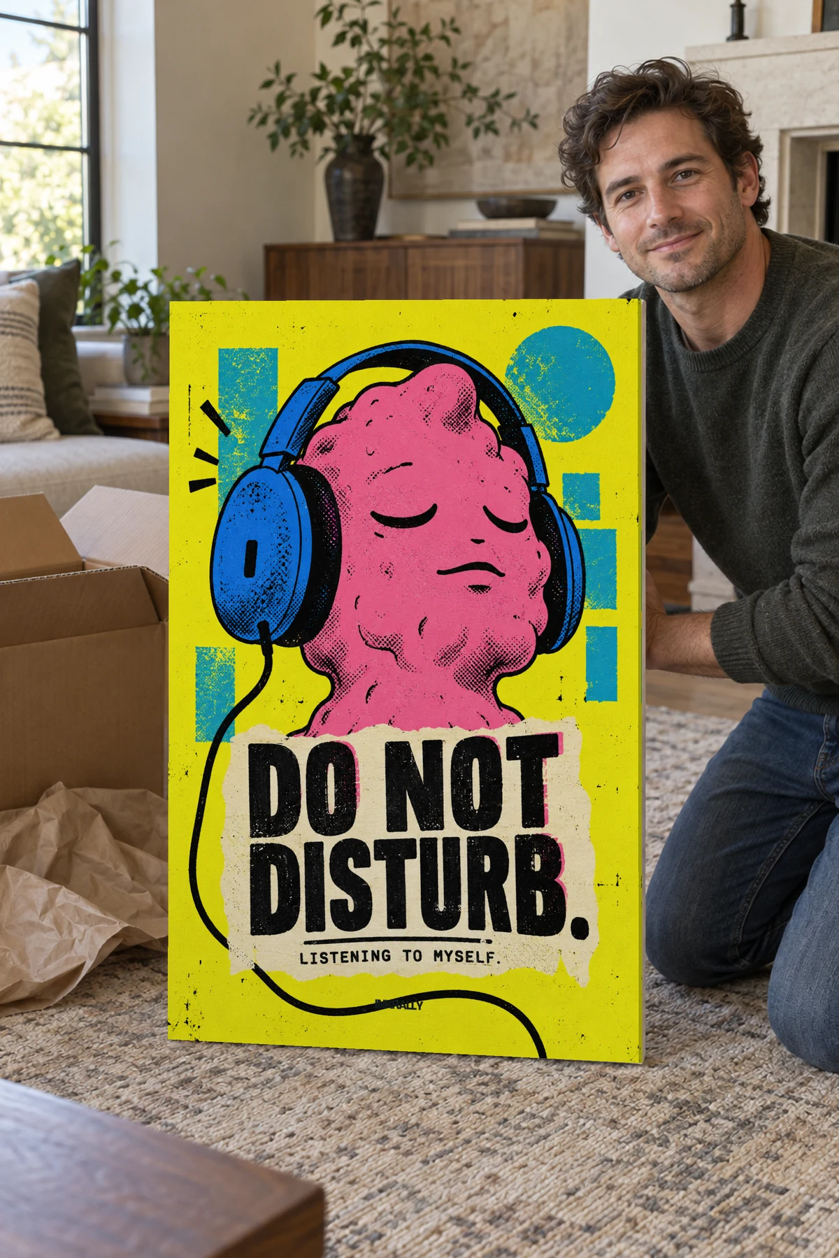 Do Not Disturb stretched canvas shown after unpacking in a naturally lit home