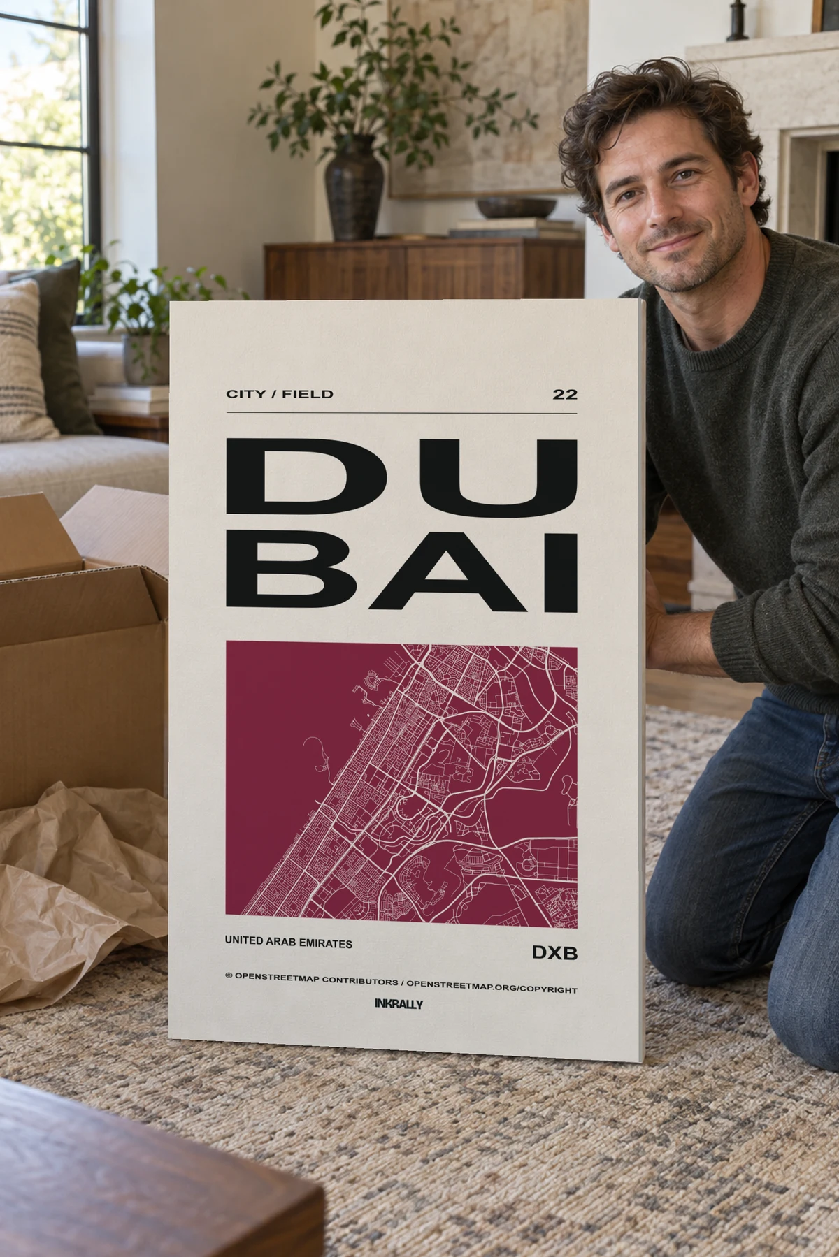 Dubai / City Field stretched canvas shown after unpacking in a naturally lit home