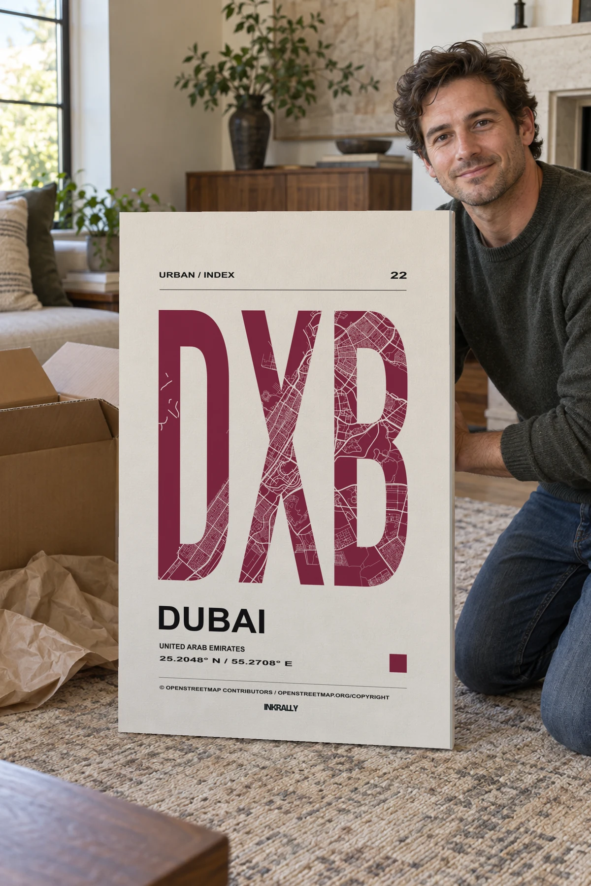 Dubai / Urban Index stretched canvas shown after unpacking in a naturally lit home
