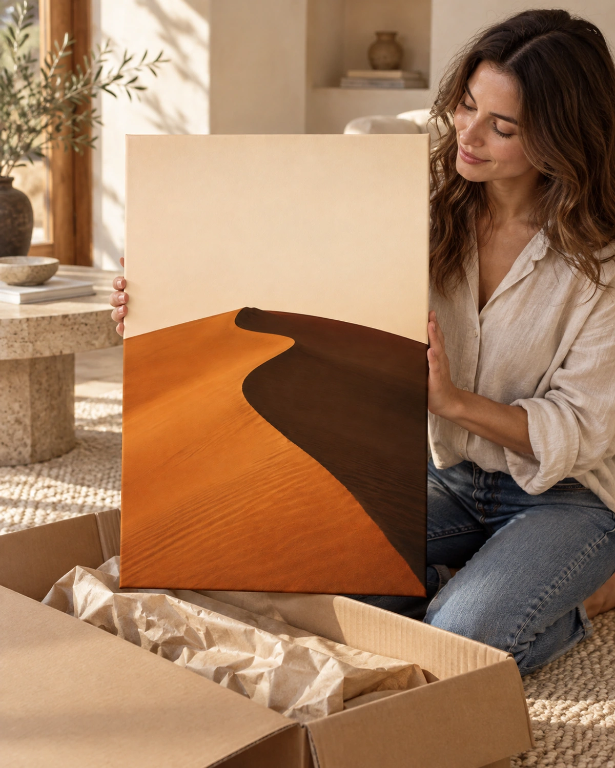 dune no 01 stretched canvas being unpacked at home