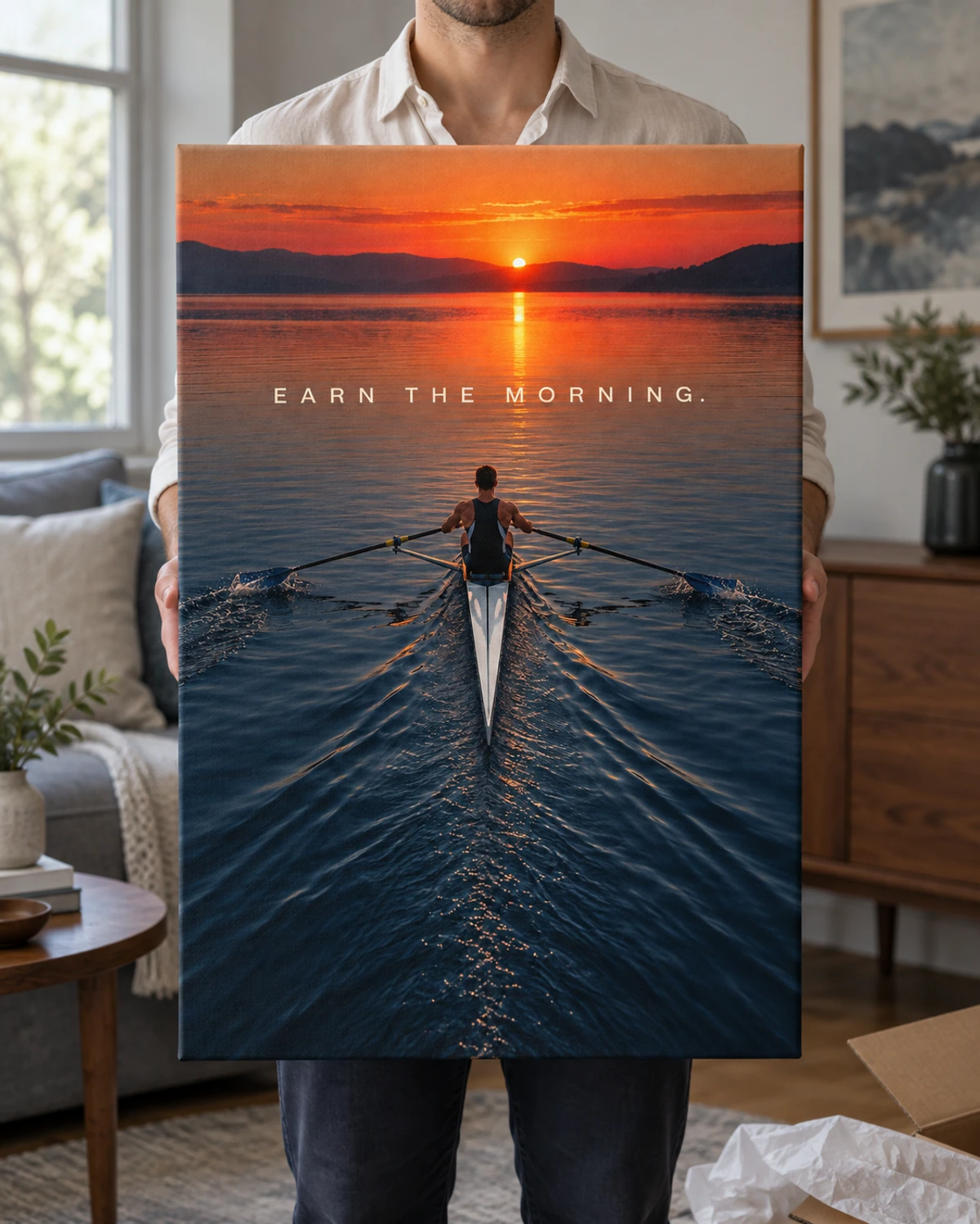 Earn The Morning stretched canvas held after unpacking in a naturally lit home