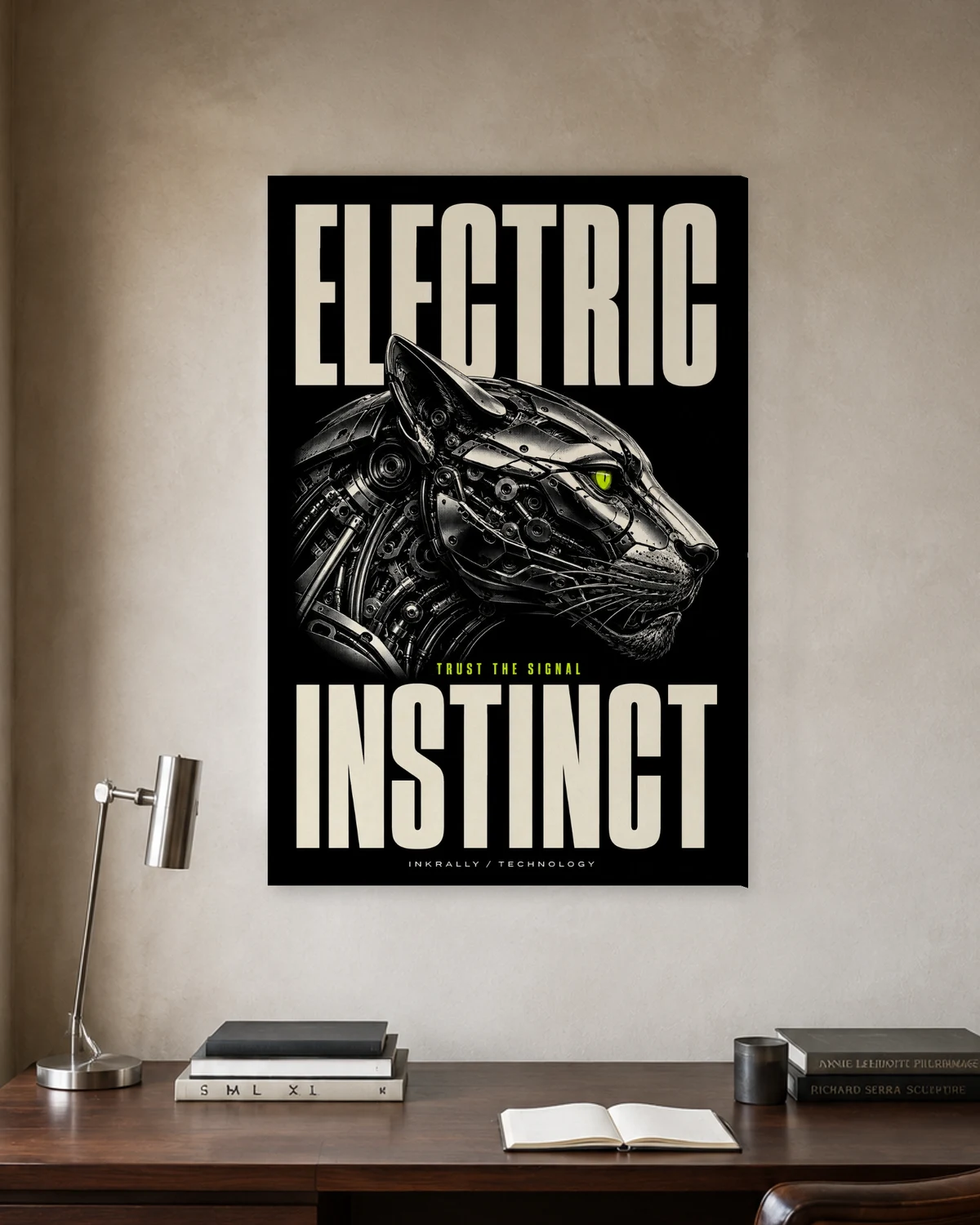 Electric Instinct stretched canvas in a considered home office
