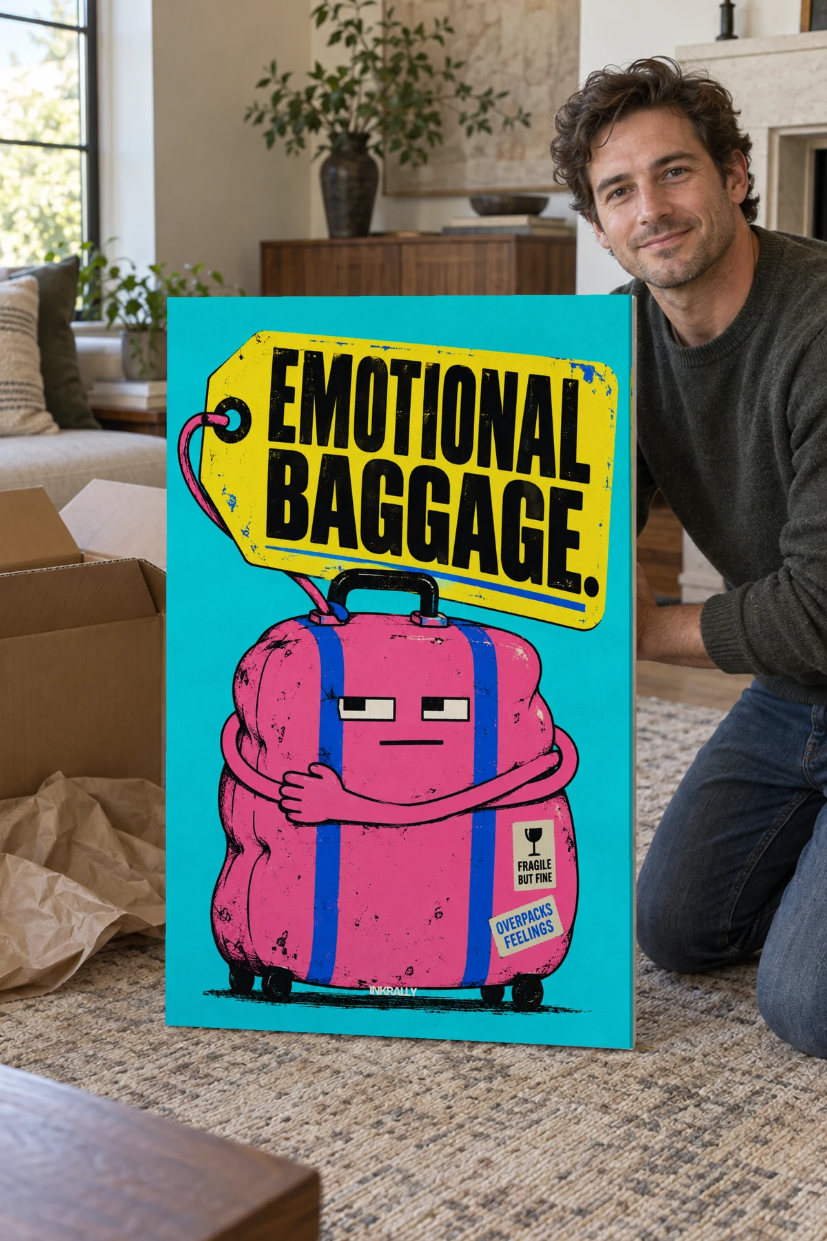 Emotional Baggage stretched canvas shown after unpacking in a naturally lit home