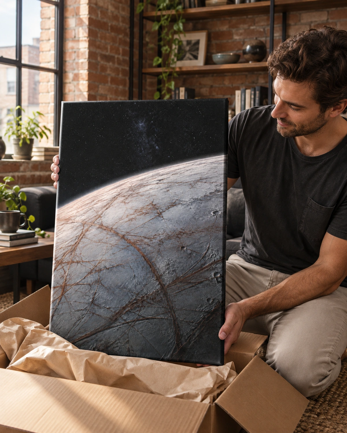 europa drift stretched canvas being unpacked at home