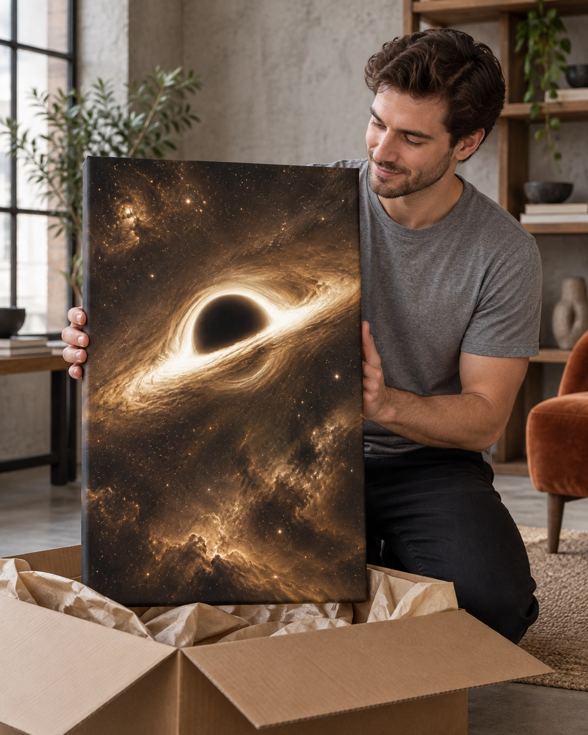 event horizon stretched canvas being unpacked at home