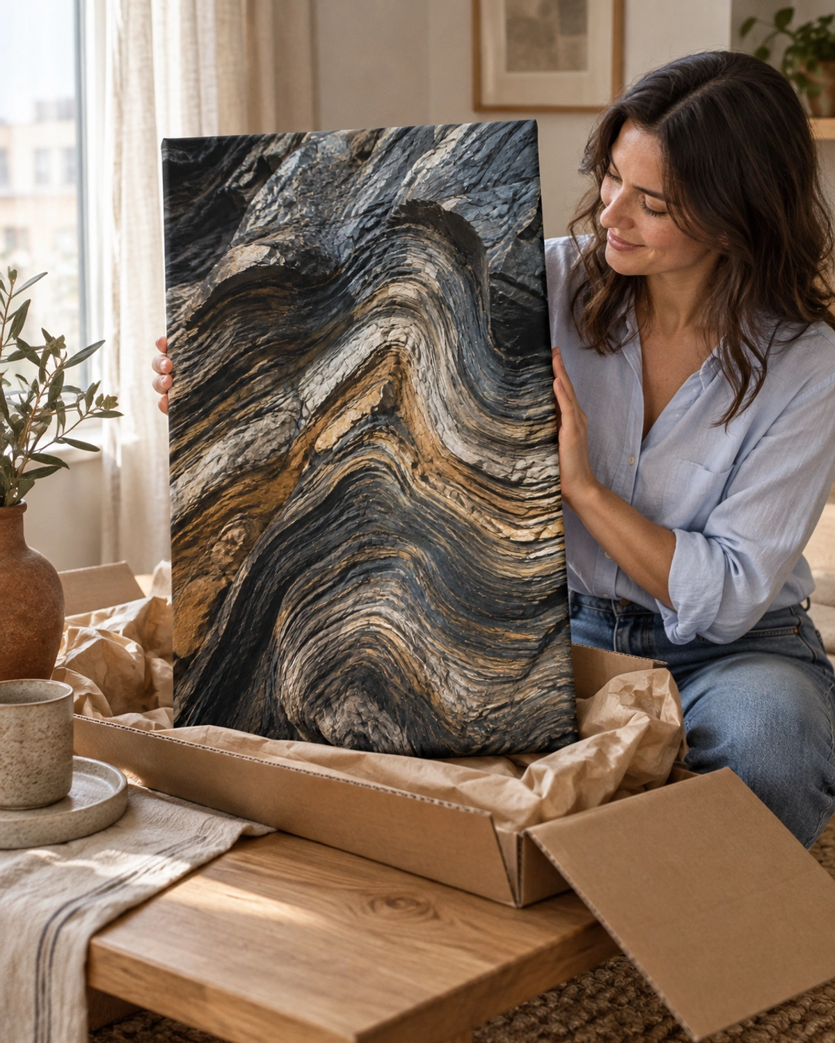 fault lines stretched canvas being unpacked at home