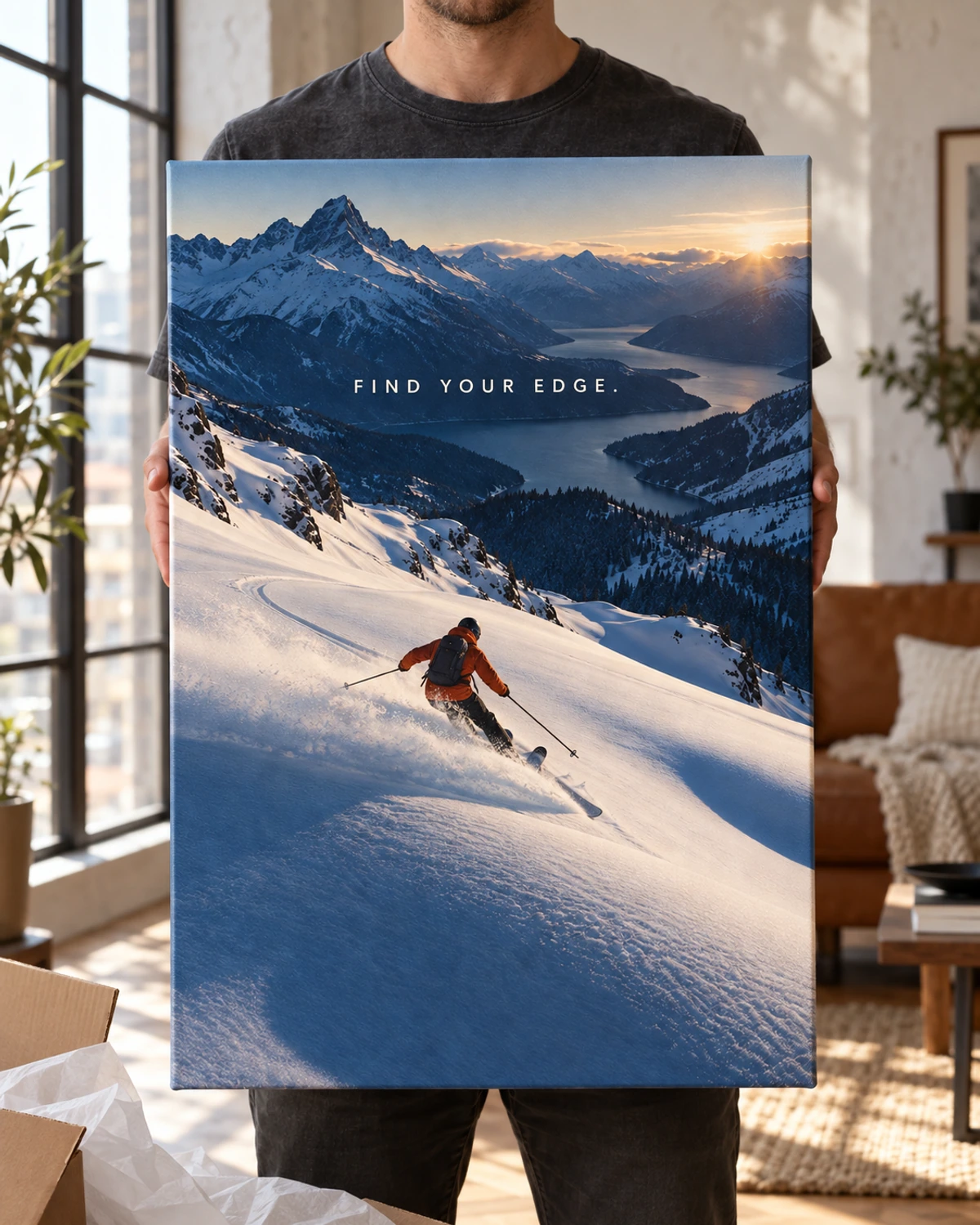 Find Your Edge stretched canvas held after unpacking in a naturally lit home