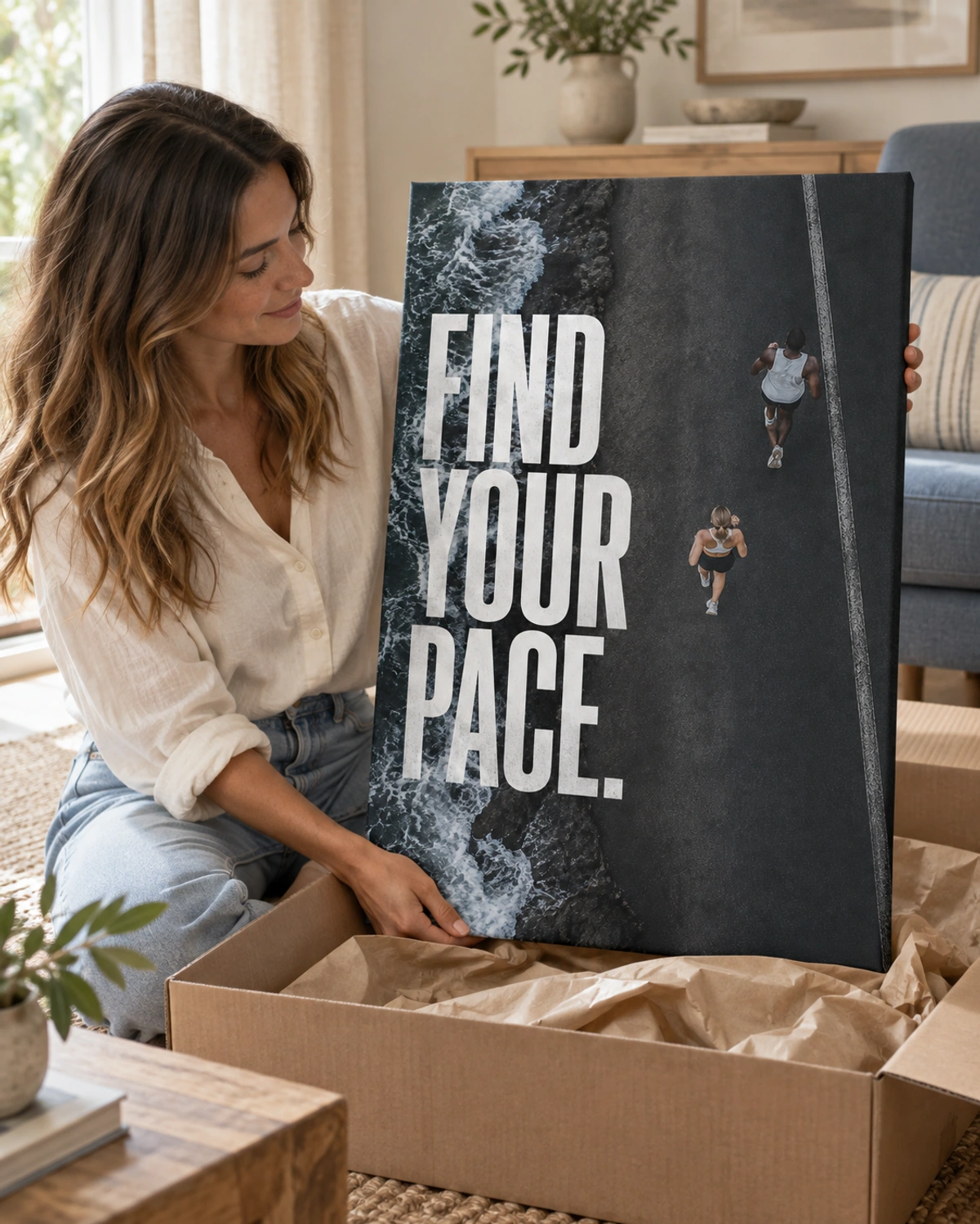 find your pace stretched canvas being unpacked at home