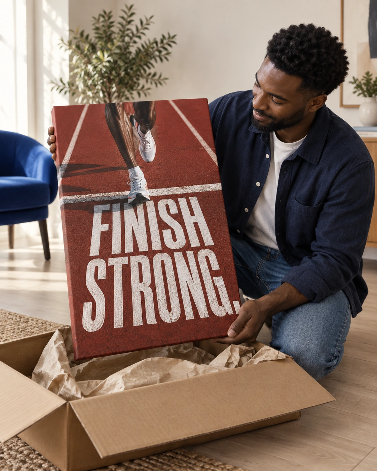 finish strong stretched canvas being unpacked at home