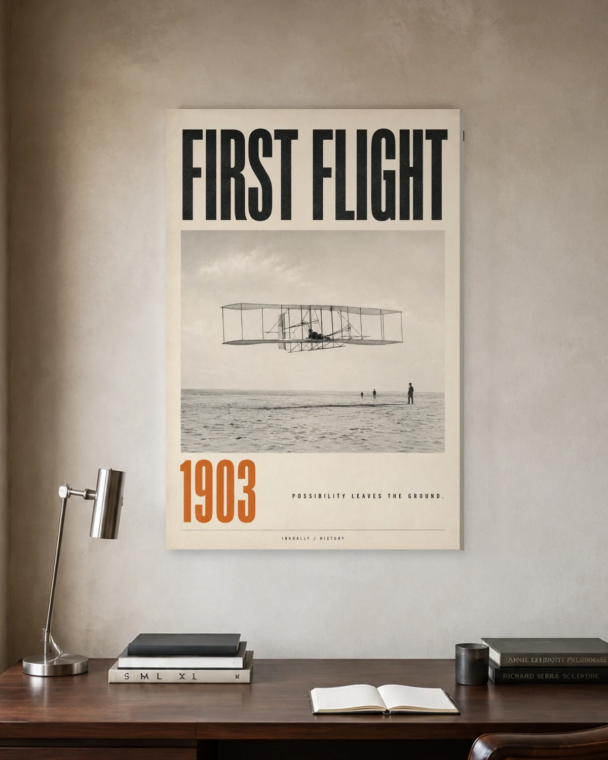 First Flight stretched canvas in a considered home office