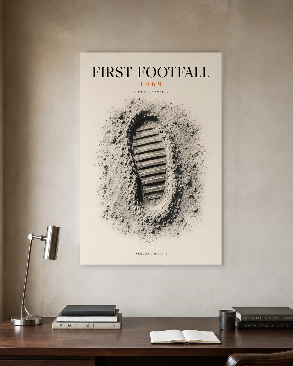 First Footfall stretched canvas in a considered home office